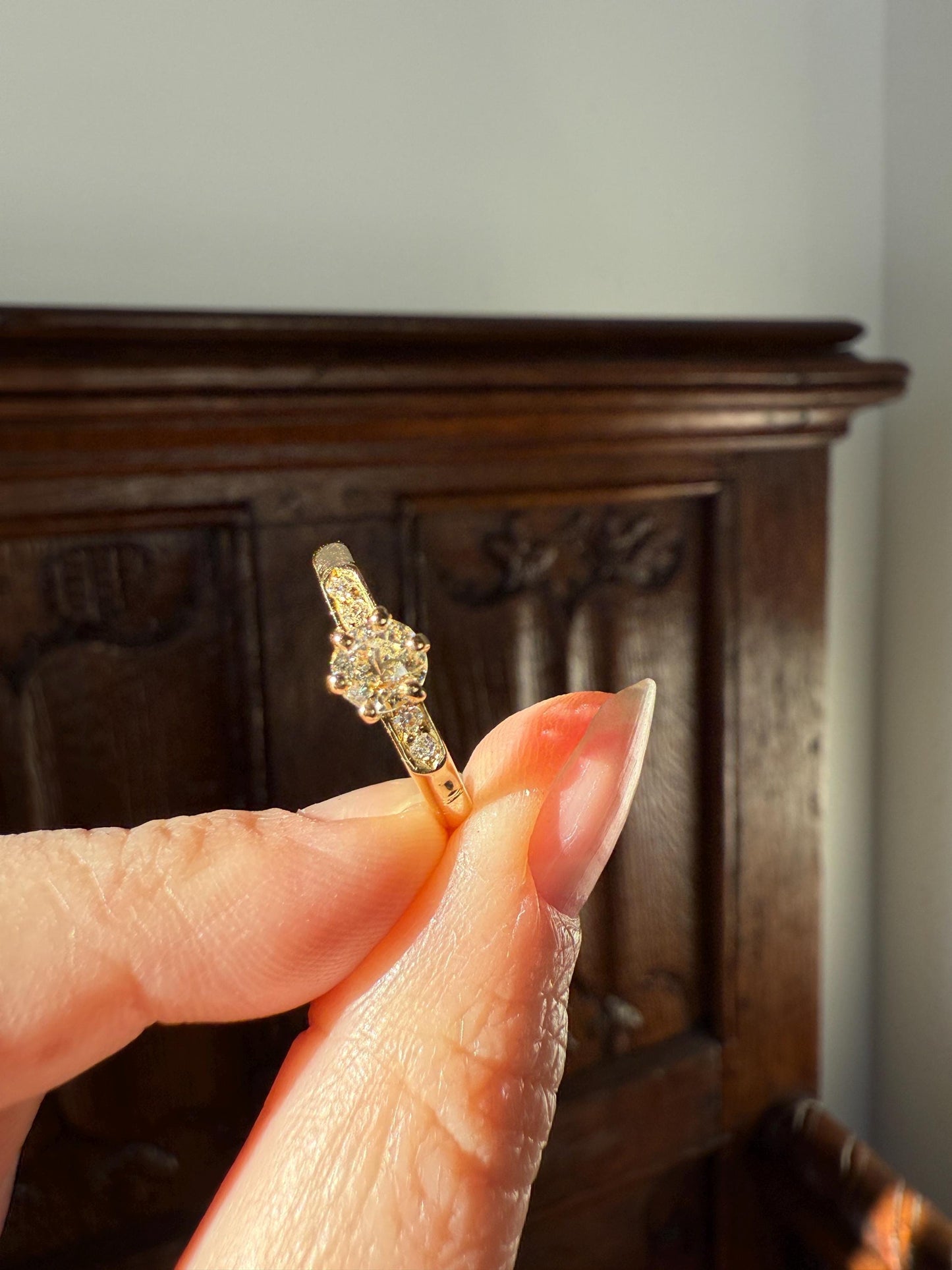 Classic Antique .6 Carat Old Mine Cut Diamond Solitaire & Accents 18k Gold French Victorian Engagement Ring Band Minimalist Stacker OMC