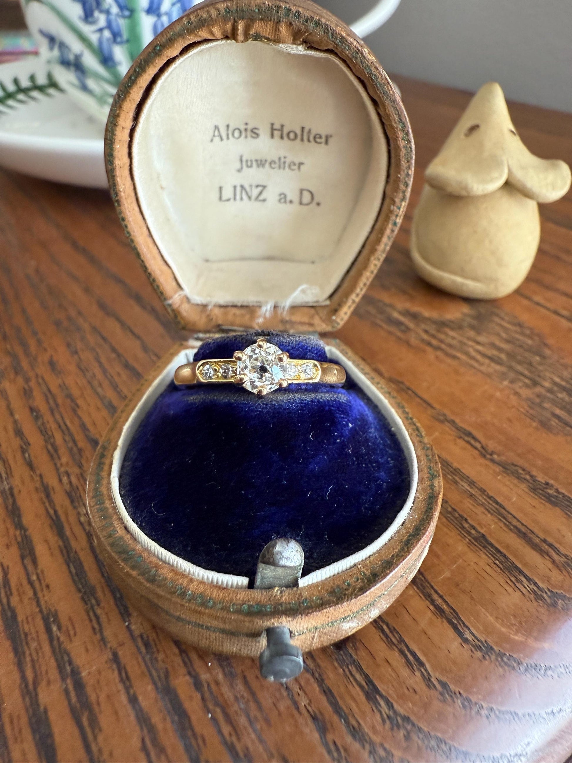 Classic Antique .6 Carat Old Mine Cut Diamond Solitaire & Accents 18k Gold French Victorian Engagement Ring Band Minimalist Stacker OMC