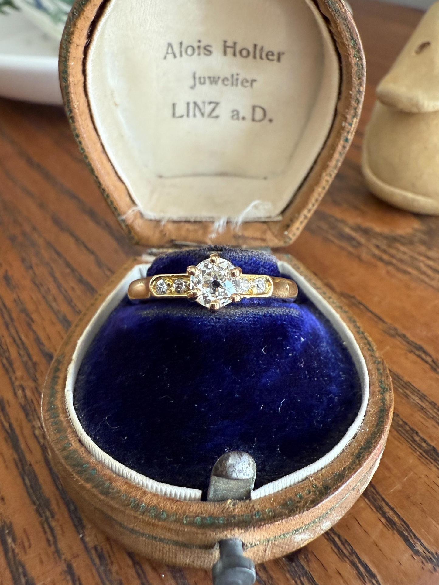 Classic Antique .6 Carat Old Mine Cut Diamond Solitaire & Accents 18k Gold French Victorian Engagement Ring Band Minimalist Stacker OMC