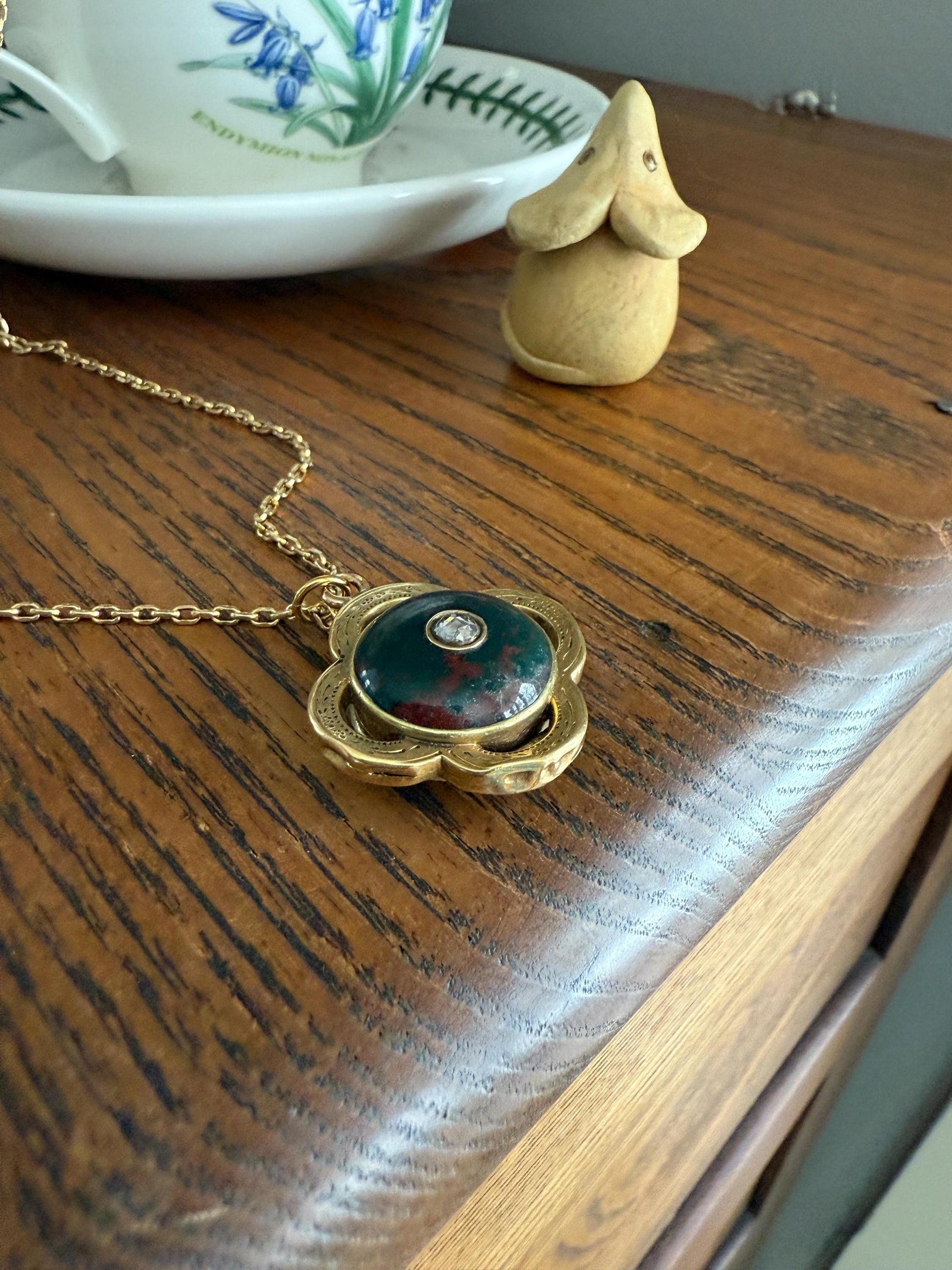 Antique BLOODSTONE Rose Cut DIAMOND Inlay Reversible Fob Locket Pendant 18k Gold on GF Chain Green Two Sided Chunky Chubby Victorian