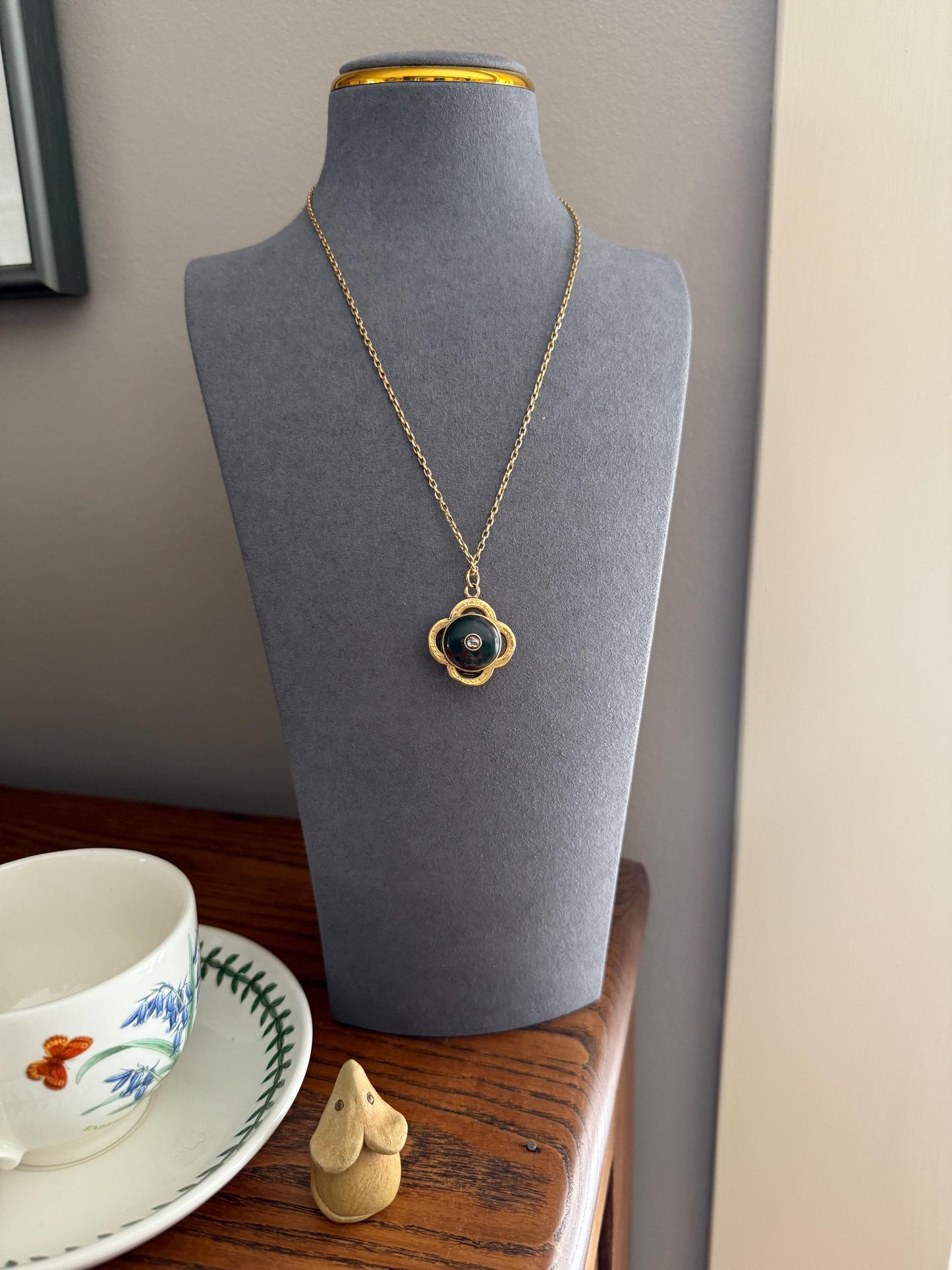 Antique BLOODSTONE Rose Cut DIAMOND Inlay Reversible Fob Locket Pendant 18k Gold on GF Chain Green Two Sided Chunky Chubby Victorian