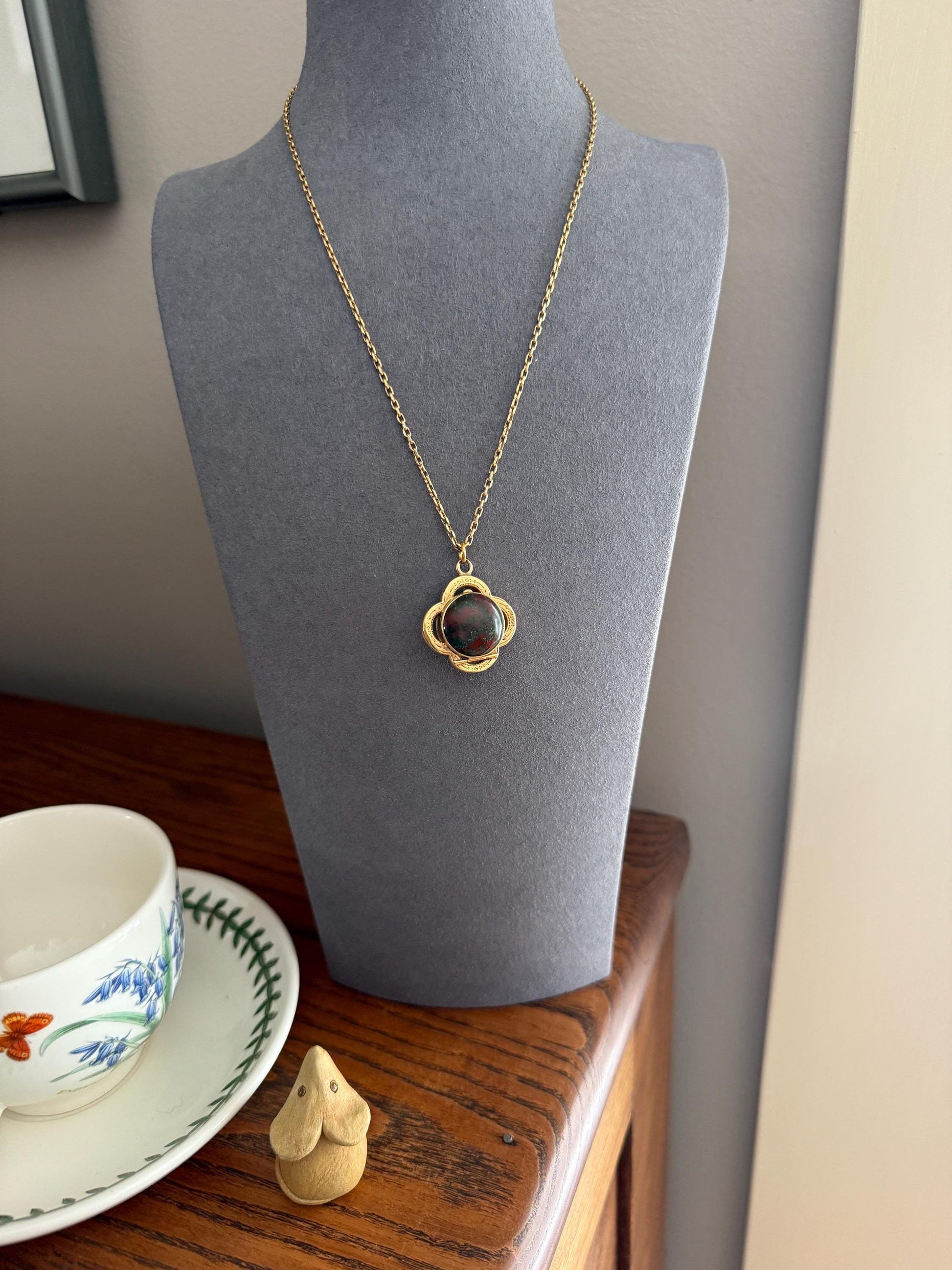 Antique BLOODSTONE Rose Cut DIAMOND Inlay Reversible Fob Locket Pendant 18k Gold on GF Chain Green Two Sided Chunky Chubby Victorian