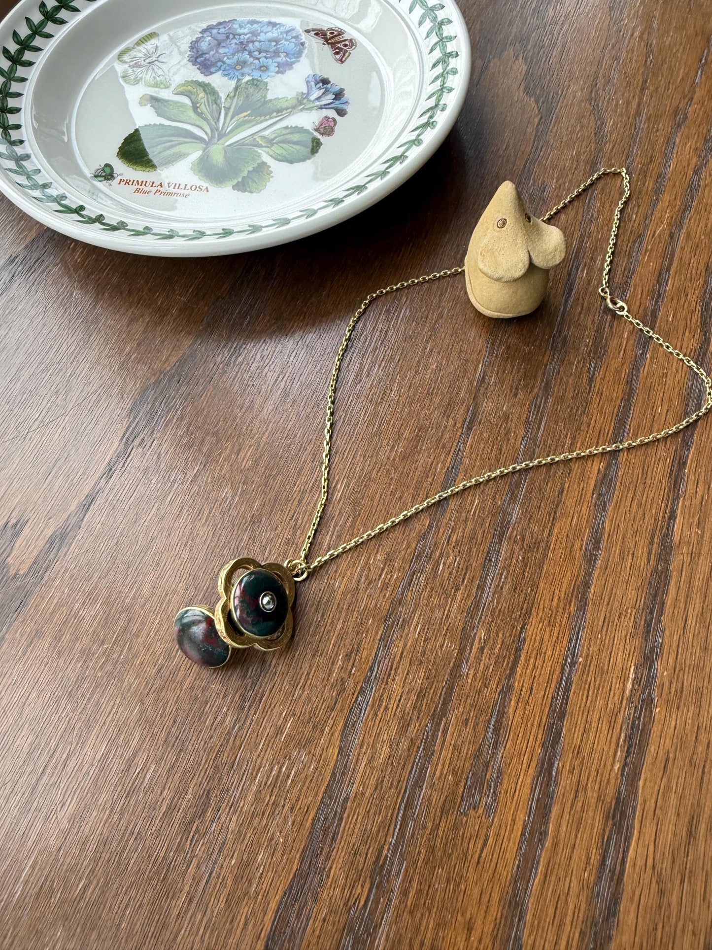 Antique BLOODSTONE Rose Cut DIAMOND Inlay Reversible Fob Locket Pendant 18k Gold on GF Chain Green Two Sided Chunky Chubby Victorian