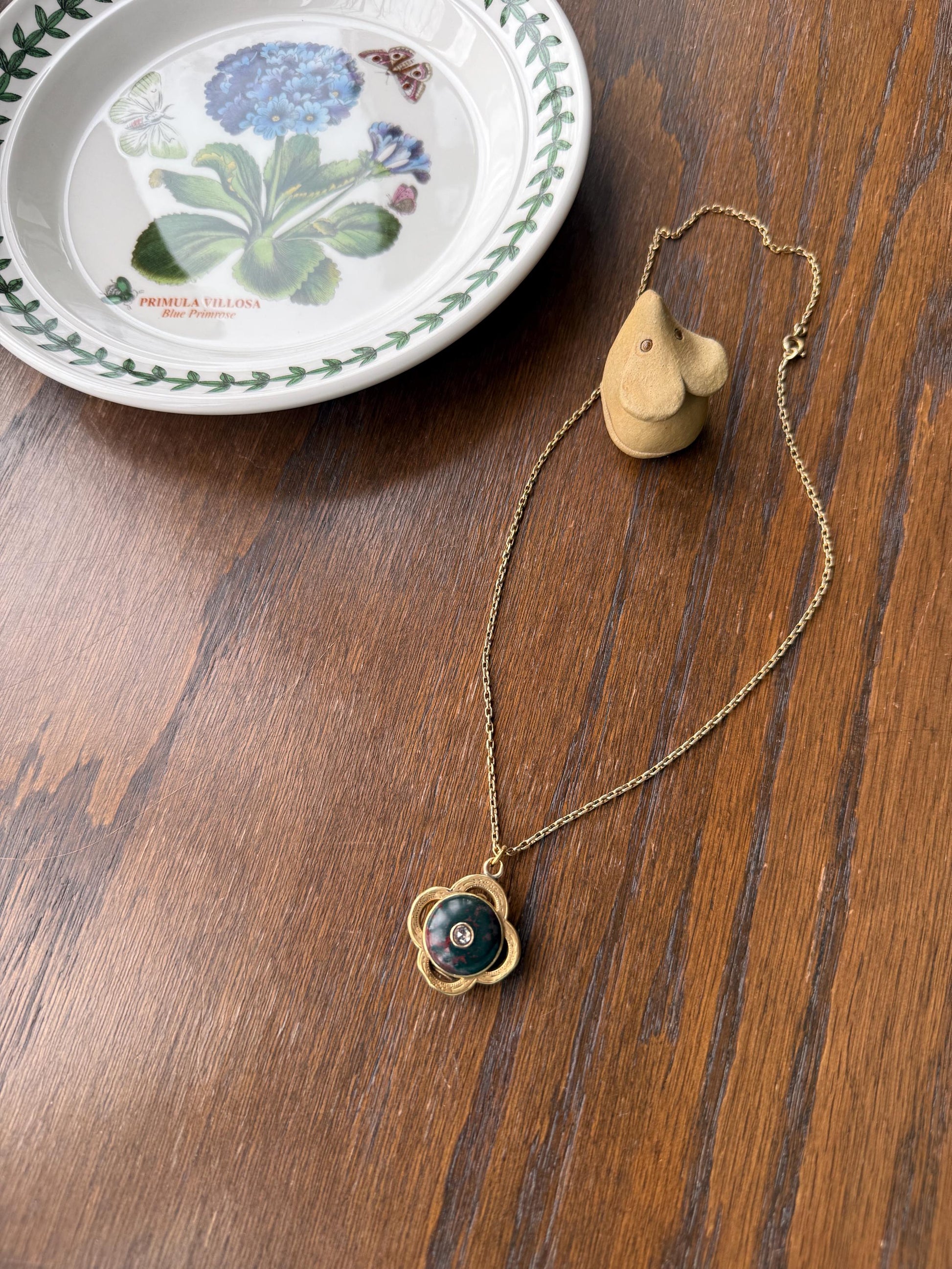 Antique BLOODSTONE Rose Cut DIAMOND Inlay Reversible Fob Locket Pendant 18k Gold on GF Chain Green Two Sided Chunky Chubby Victorian