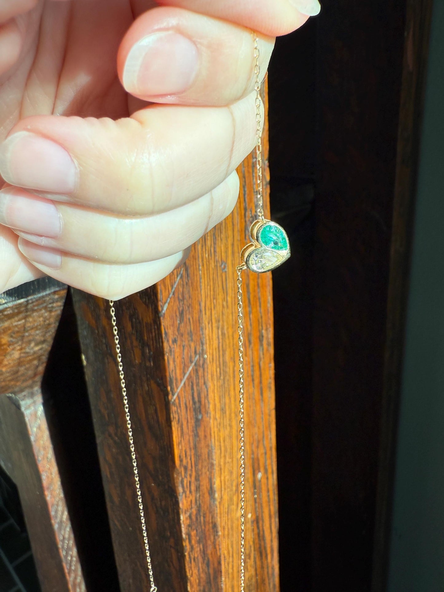 Vintage 18k Gold Fancy Light Yellow PEAR Diamond Natural EMERALD Heart Pendant Toi et Moi Necklace Green Figural Sparkle Fixed Chain