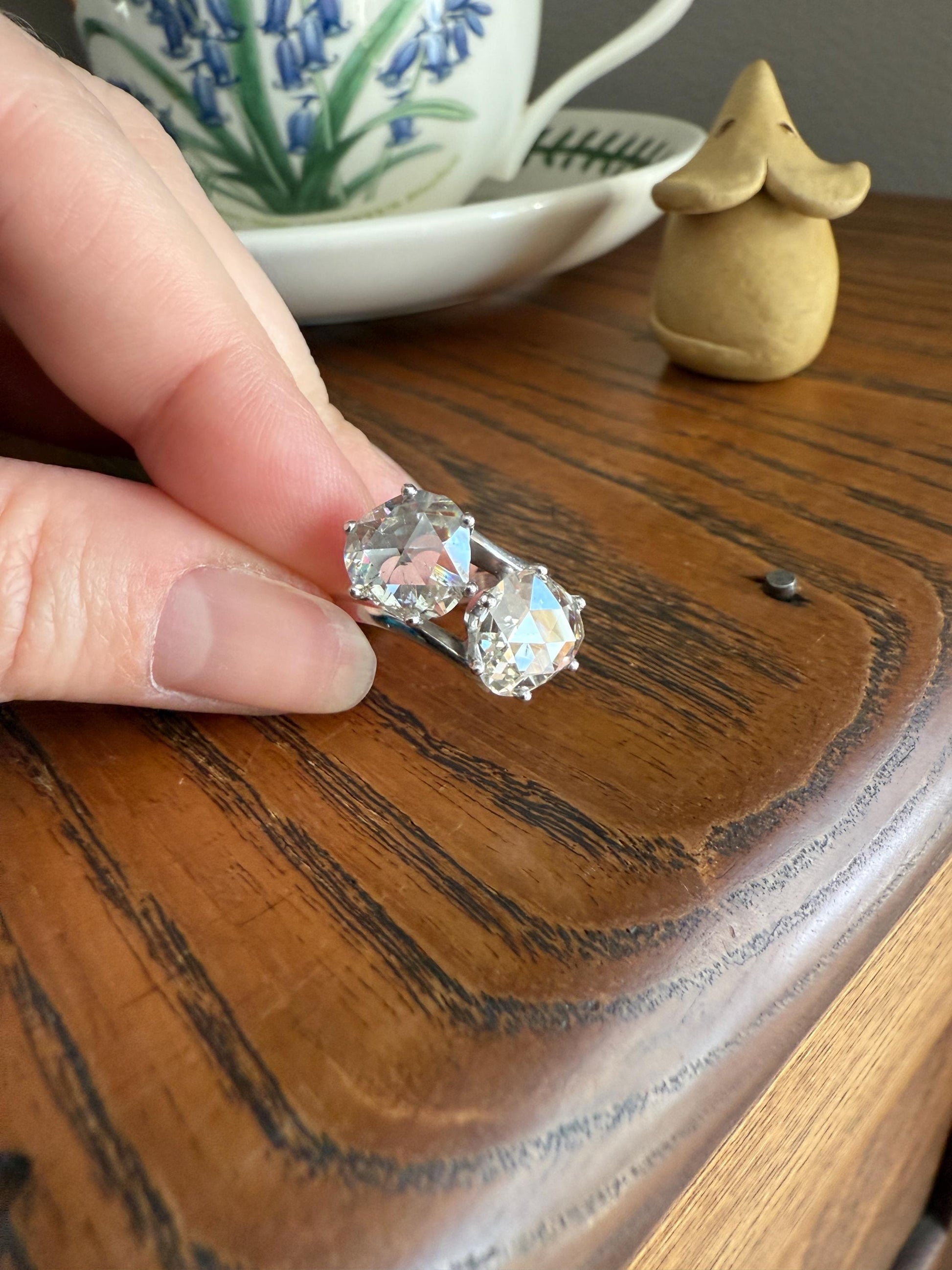 Antique Rose Cut DIAMOND Toi et Moi Ring In Box Double Disco Ball 5.5 Carat Face Up Spready Pear 14k White Gold French Art Deco Tall Ring