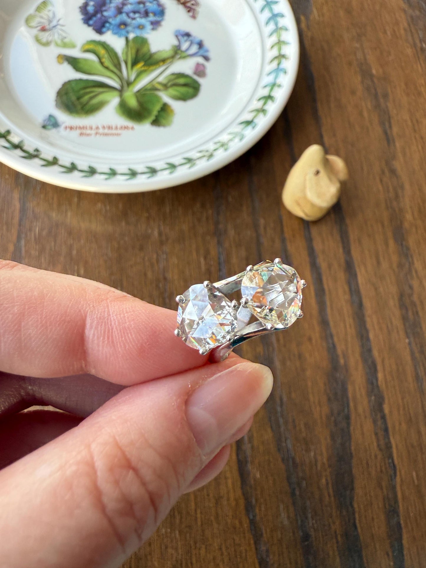 Antique Rose Cut DIAMOND Toi et Moi Ring In Box Double Disco Ball 5.5 Carat Face Up Spready Pear 14k White Gold French Art Deco Tall Ring
