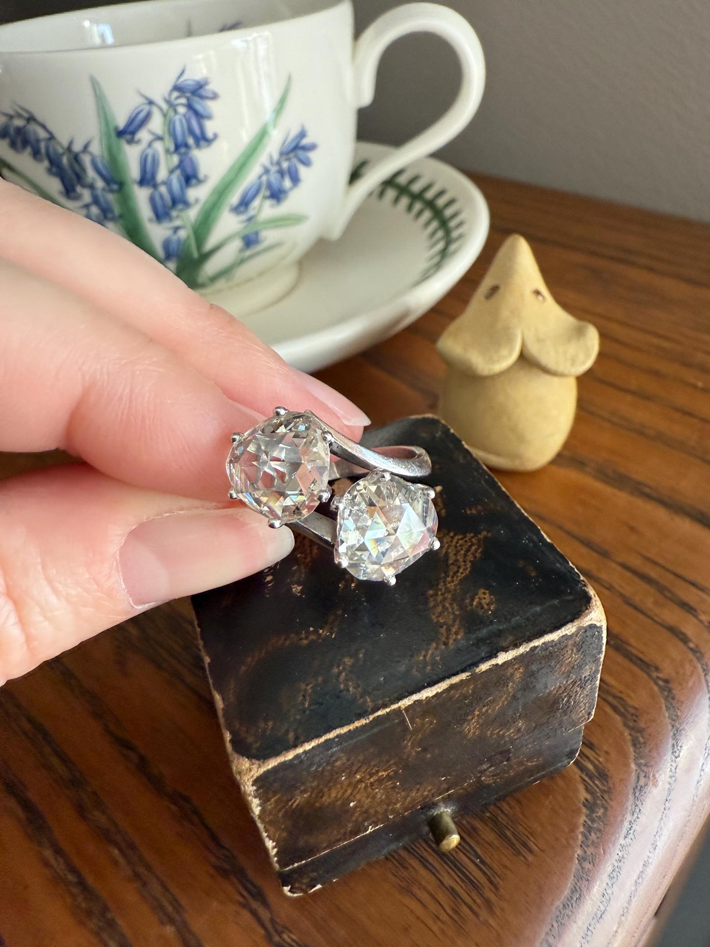 Antique Rose Cut DIAMOND Toi et Moi Ring In Box Double Disco Ball 5.5 Carat Face Up Spready Pear 14k White Gold French Art Deco Tall Ring