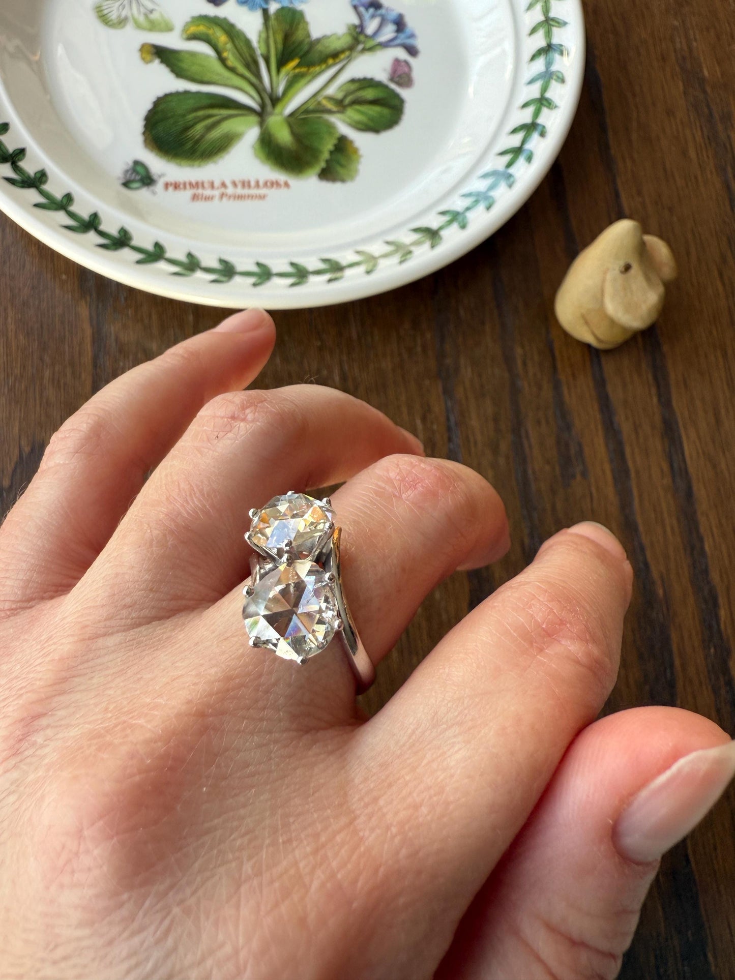 Antique Rose Cut DIAMOND Toi et Moi Ring In Box Double Disco Ball 5.5 Carat Face Up Spready Pear 14k White Gold French Art Deco Tall Ring