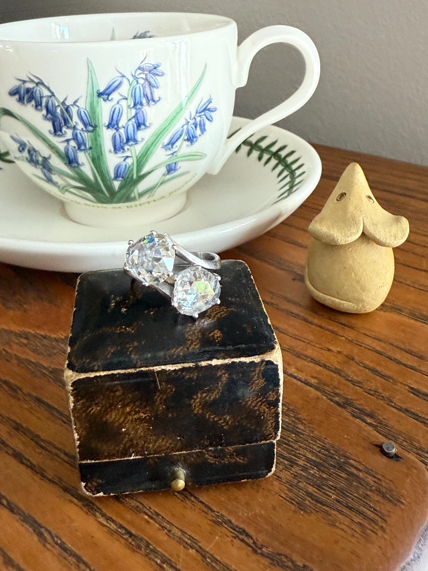Antique Rose Cut DIAMOND Toi et Moi Ring In Box Double Disco Ball 5.5 Carat Face Up Spready Pear 14k White Gold French Art Deco Tall Ring