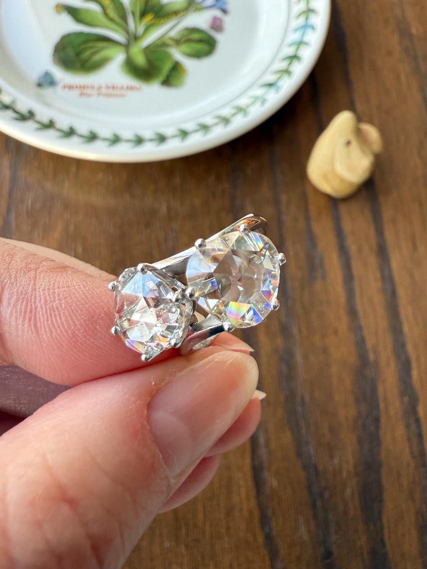 Antique Rose Cut DIAMOND Toi et Moi Ring In Box Double Disco Ball 5.5 Carat Face Up Spready Pear 14k White Gold French Art Deco Tall Ring