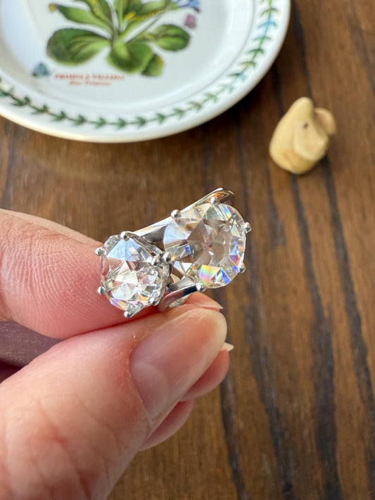 Antique Rose Cut DIAMOND Toi et Moi Ring In Box Double Disco Ball 5.5 Carat Face Up Spready Pear 14k White Gold French Art Deco Tall Ring