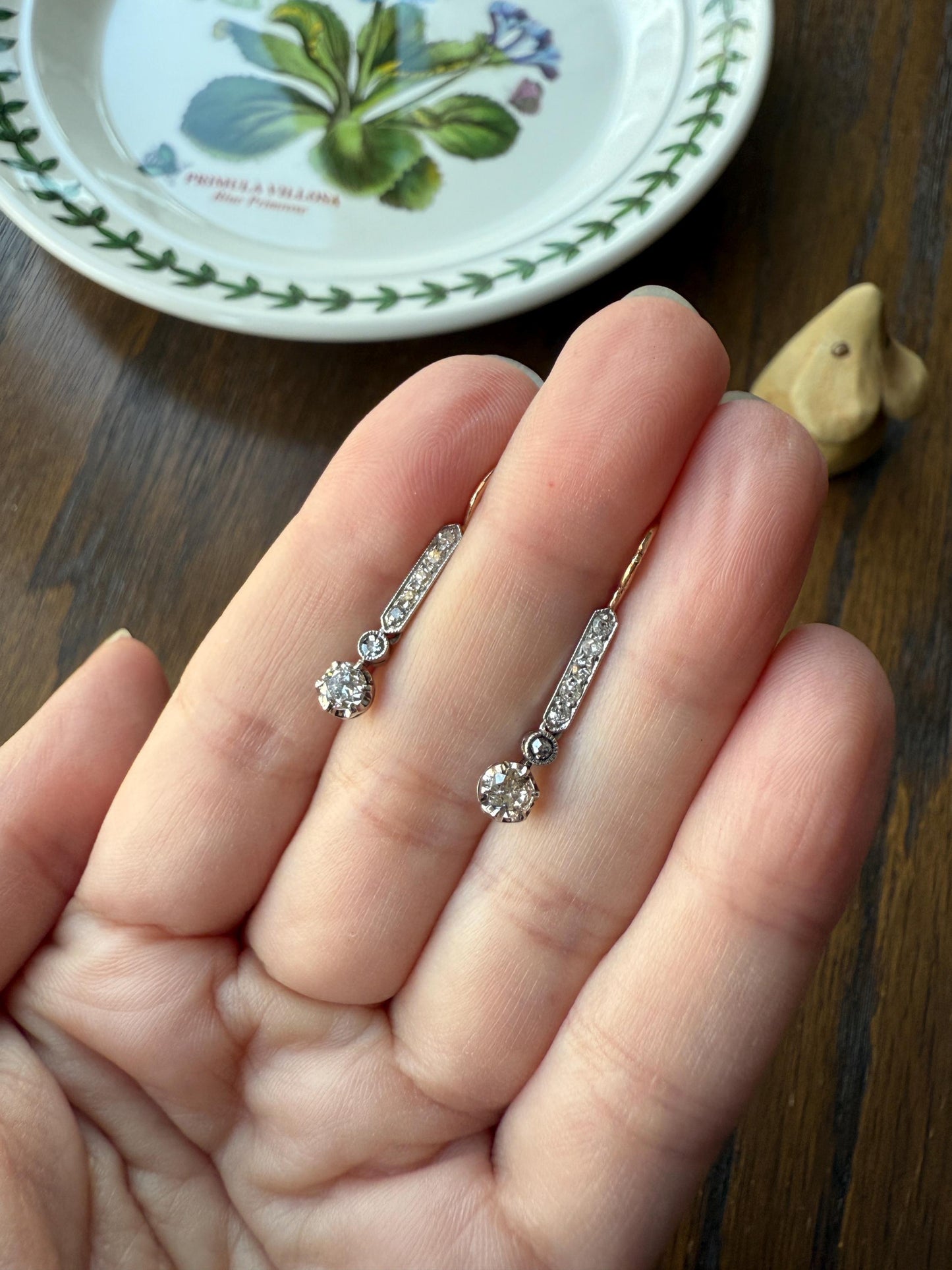 Antique Linear Old Cut DIAMOND Dangle EARRINGS 18k Gold Romantic Gift Something Old Bridal