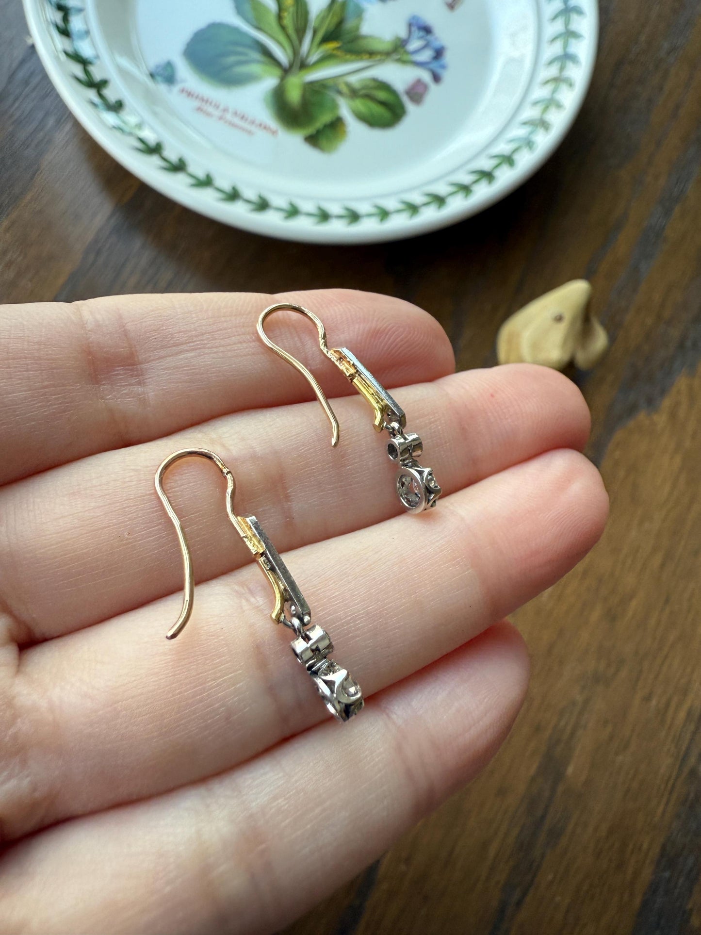 Antique Linear Old Cut DIAMOND Dangle EARRINGS 18k Gold Romantic Gift Something Old Bridal