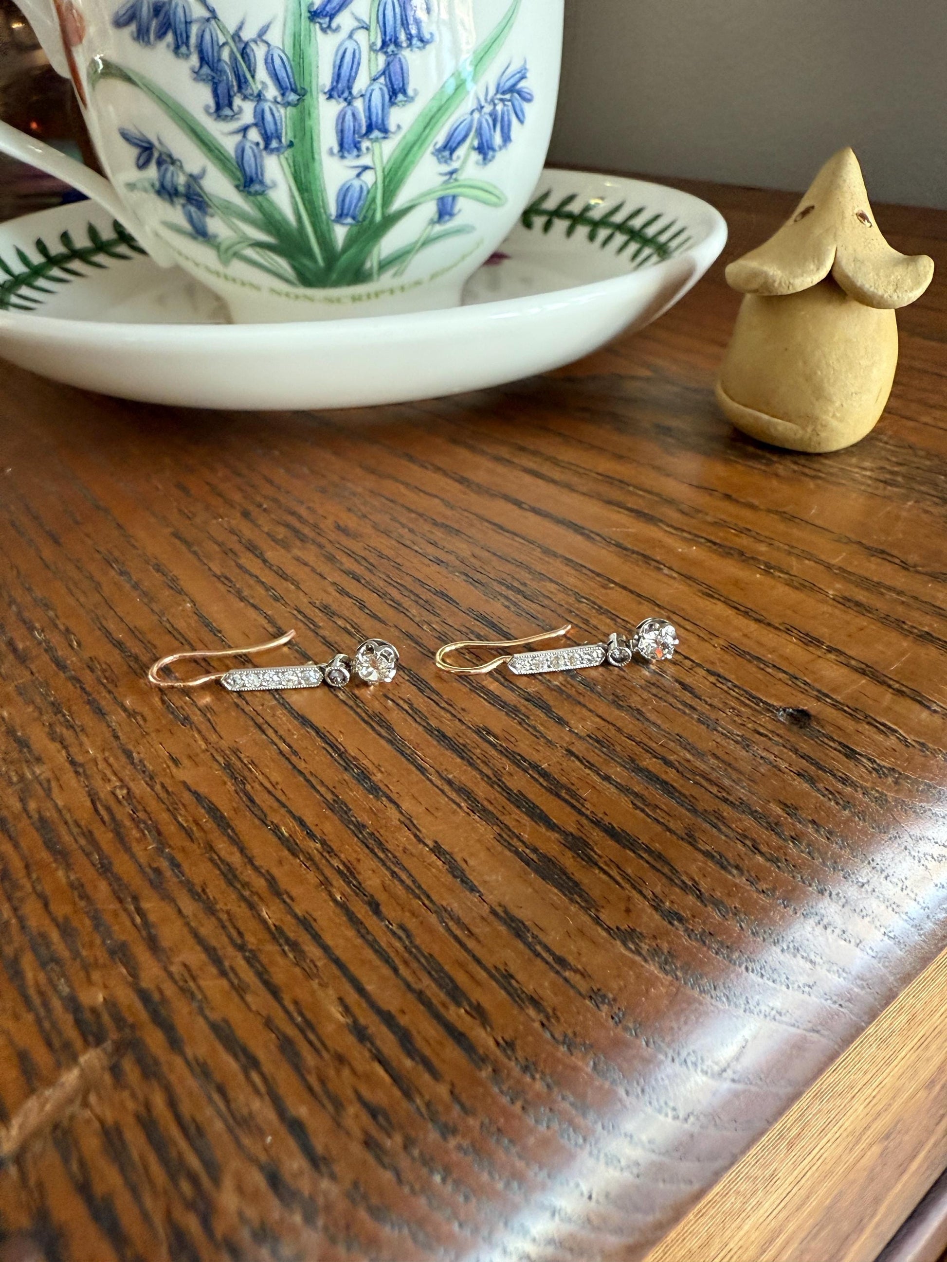 Antique Linear Old Cut DIAMOND Dangle EARRINGS 18k Gold Romantic Gift Something Old Bridal