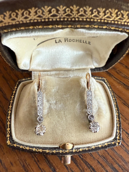 Antique Linear Old Cut DIAMOND Dangle EARRINGS 18k Gold Romantic Gift Something Old Bridal