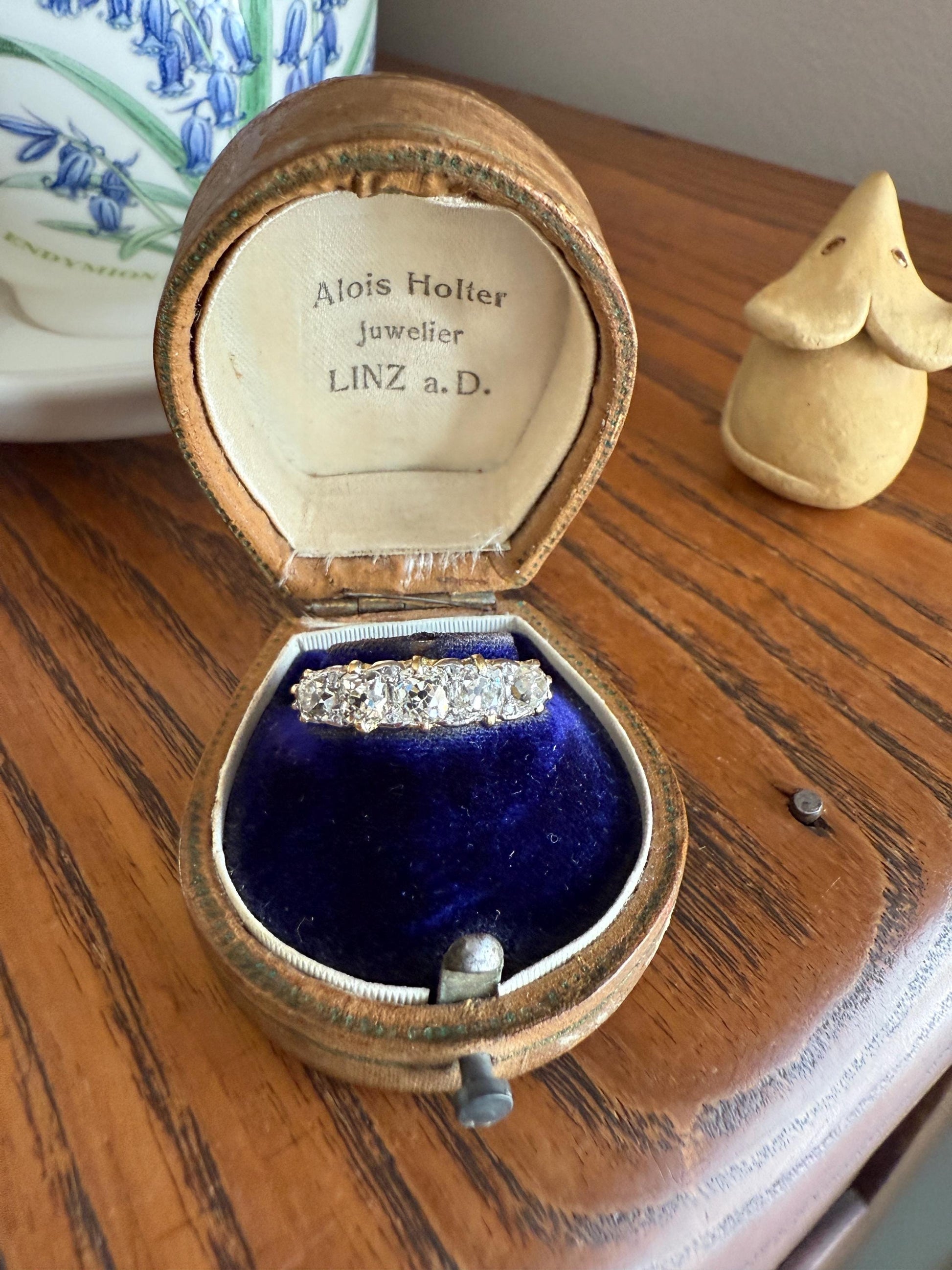 Antique 1.5 Carat Old Mine Cut DIAMOND 5 Five Stone Band Ring 18k Gold Rose Cut Spacers Gemset Prongs Scrolled Victorian Romantic Gift