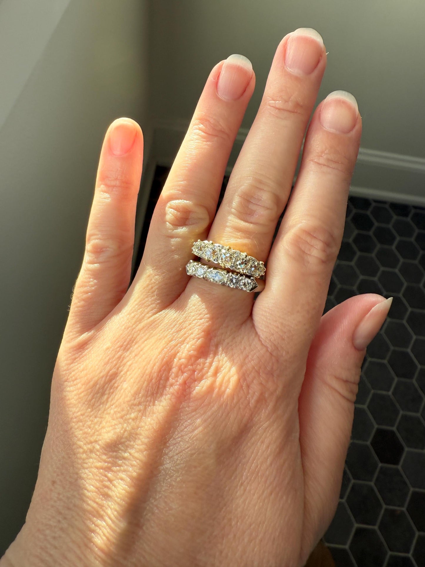 Vintage Unique East West Old Cut MARQUISE Navette Cut Diamond Five Stone Band Ring Palladium Platinum Look