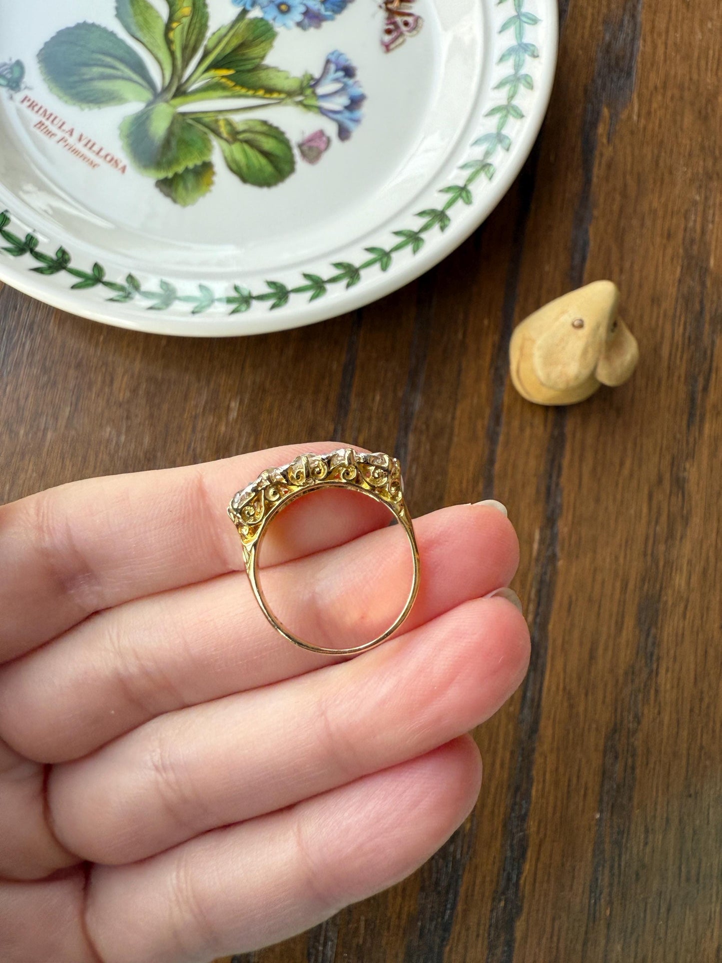 Antique 1.5 Carat Old Mine Cut DIAMOND 5 Five Stone Band Ring 18k Gold Rose Cut Spacers Gemset Prongs Scrolled Victorian Romantic Gift