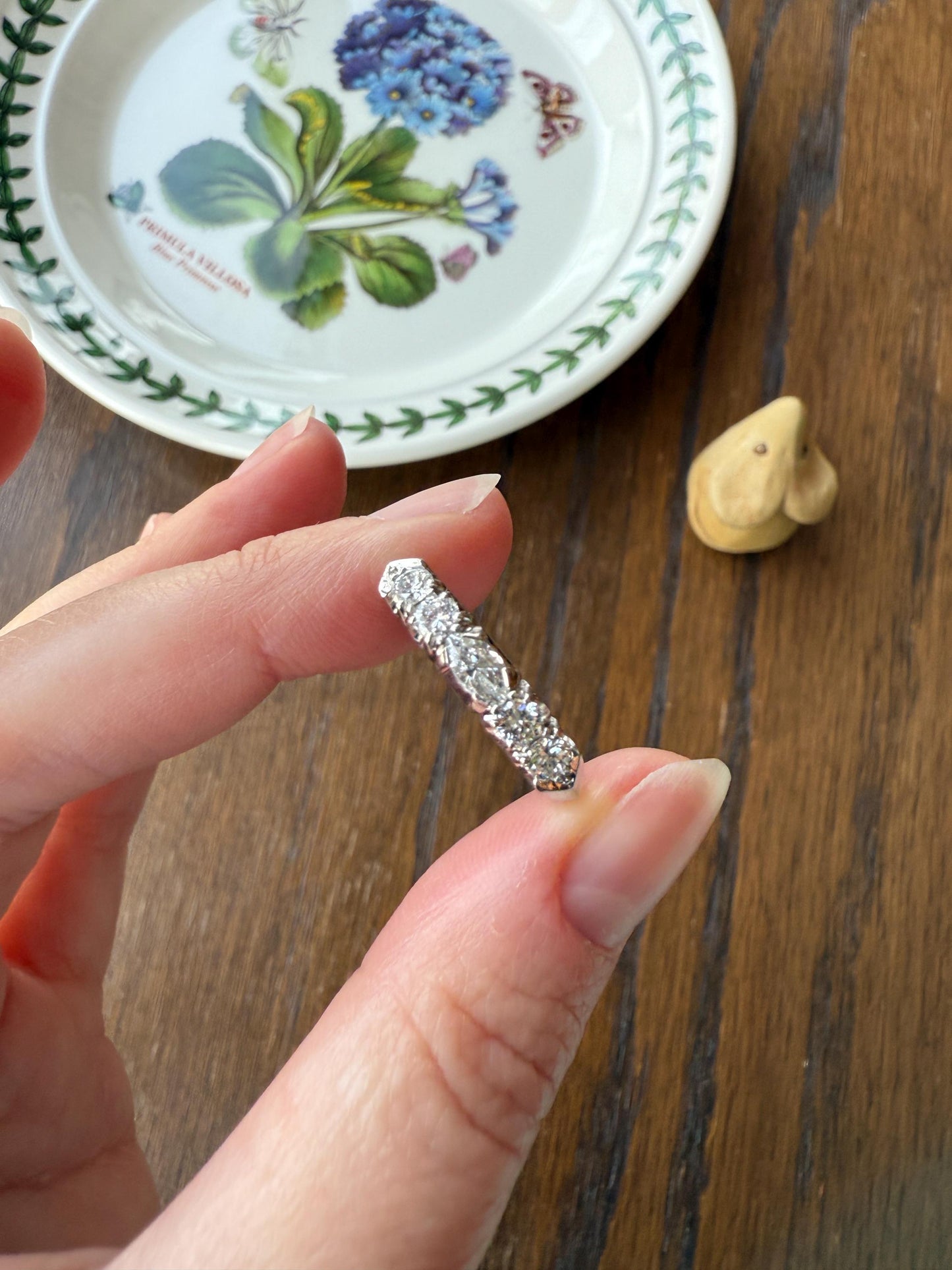 Vintage Unique East West Old Cut MARQUISE Navette Cut Diamond Five Stone Band Ring Palladium Platinum Look