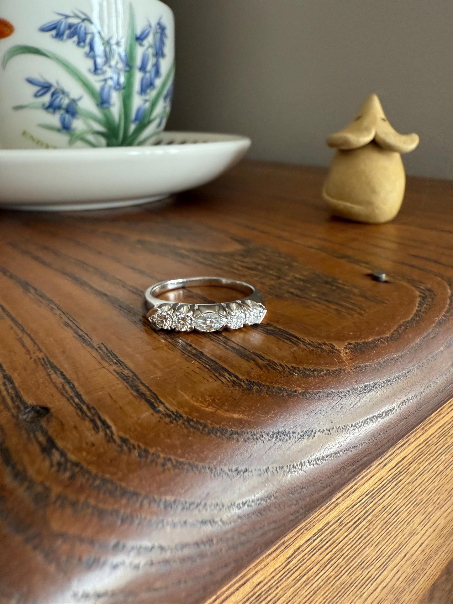 Vintage Unique East West Old Cut MARQUISE Navette Cut Diamond Five Stone Band Ring Palladium Platinum Look