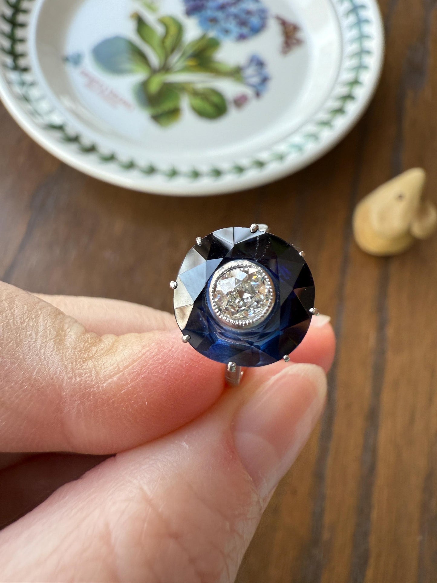 ANTIQUE Old Mine Cut Diamond & Tall Blue Sapphire Faceted HALO Ring French Platinum Edwardian Belle Epoque Stacker Bullseye Target Stacker