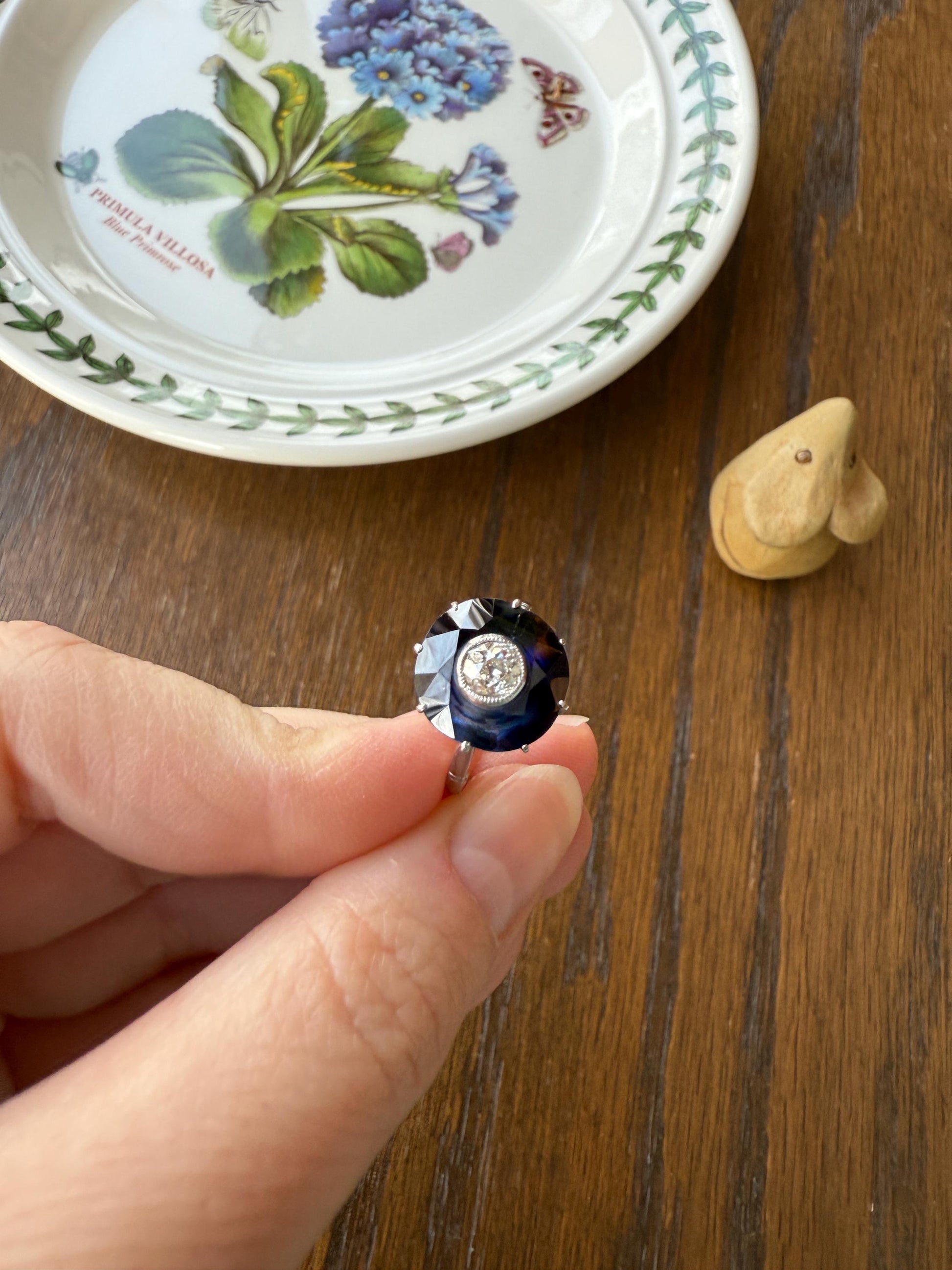 ANTIQUE Old Mine Cut Diamond & Tall Blue Sapphire Faceted HALO Ring French Platinum Edwardian Belle Epoque Stacker Bullseye Target Stacker