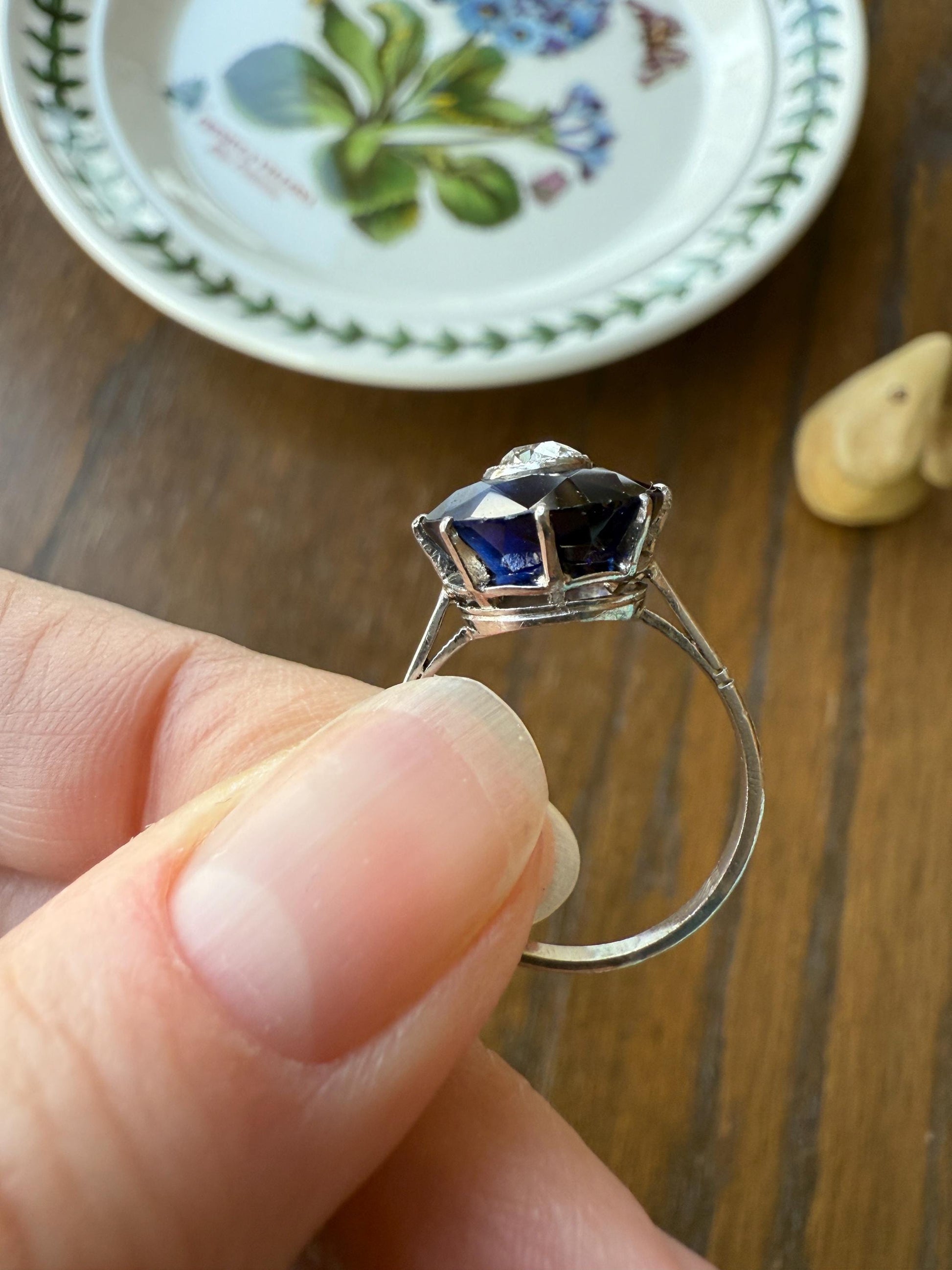 ANTIQUE Old Mine Cut Diamond & Tall Blue Sapphire Faceted HALO Ring French Platinum Edwardian Belle Epoque Stacker Bullseye Target Stacker