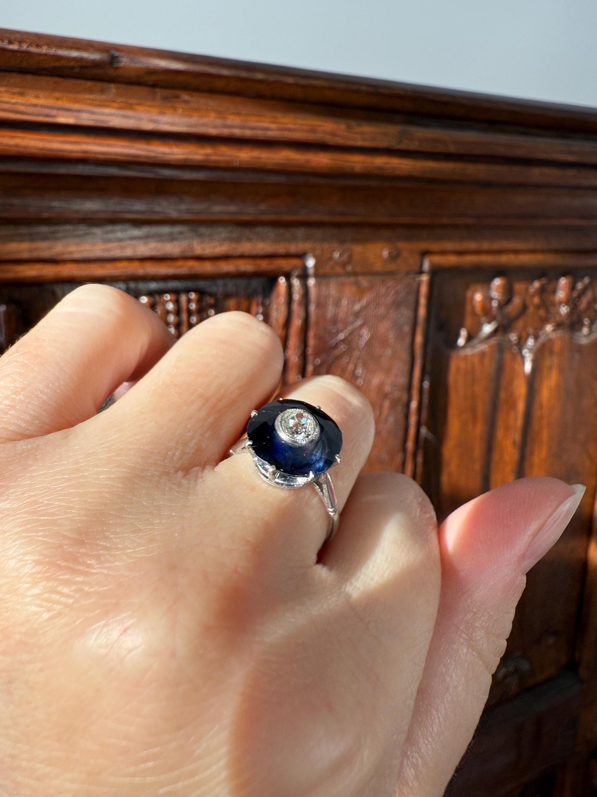 ANTIQUE Old Mine Cut Diamond & Tall Blue Sapphire Faceted HALO Ring French Platinum Edwardian Belle Epoque Stacker Bullseye Target Stacker