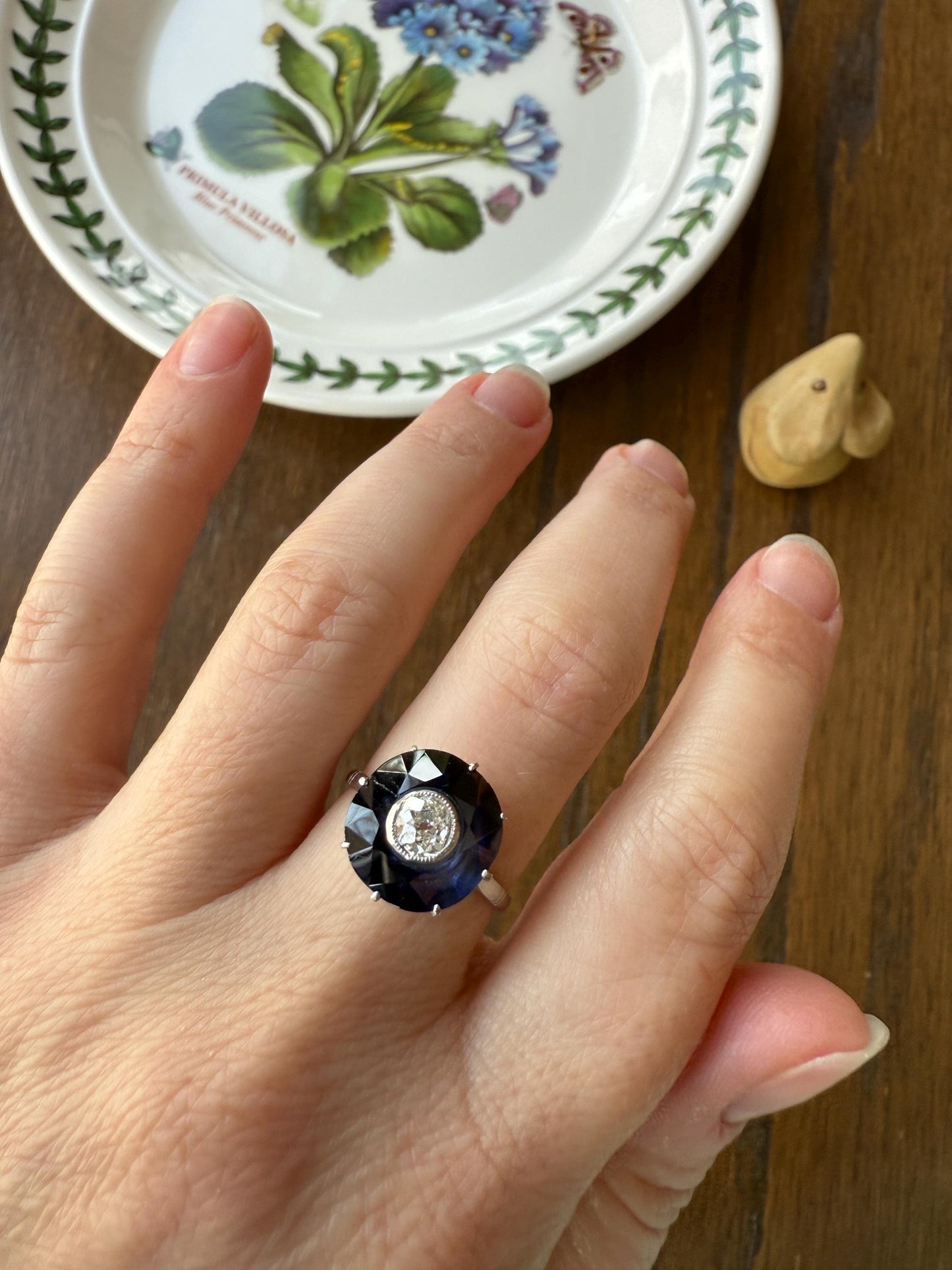 ANTIQUE Old Mine Cut Diamond & Tall Blue Sapphire Faceted HALO Ring French Platinum Edwardian Belle Epoque Stacker Bullseye Target Stacker