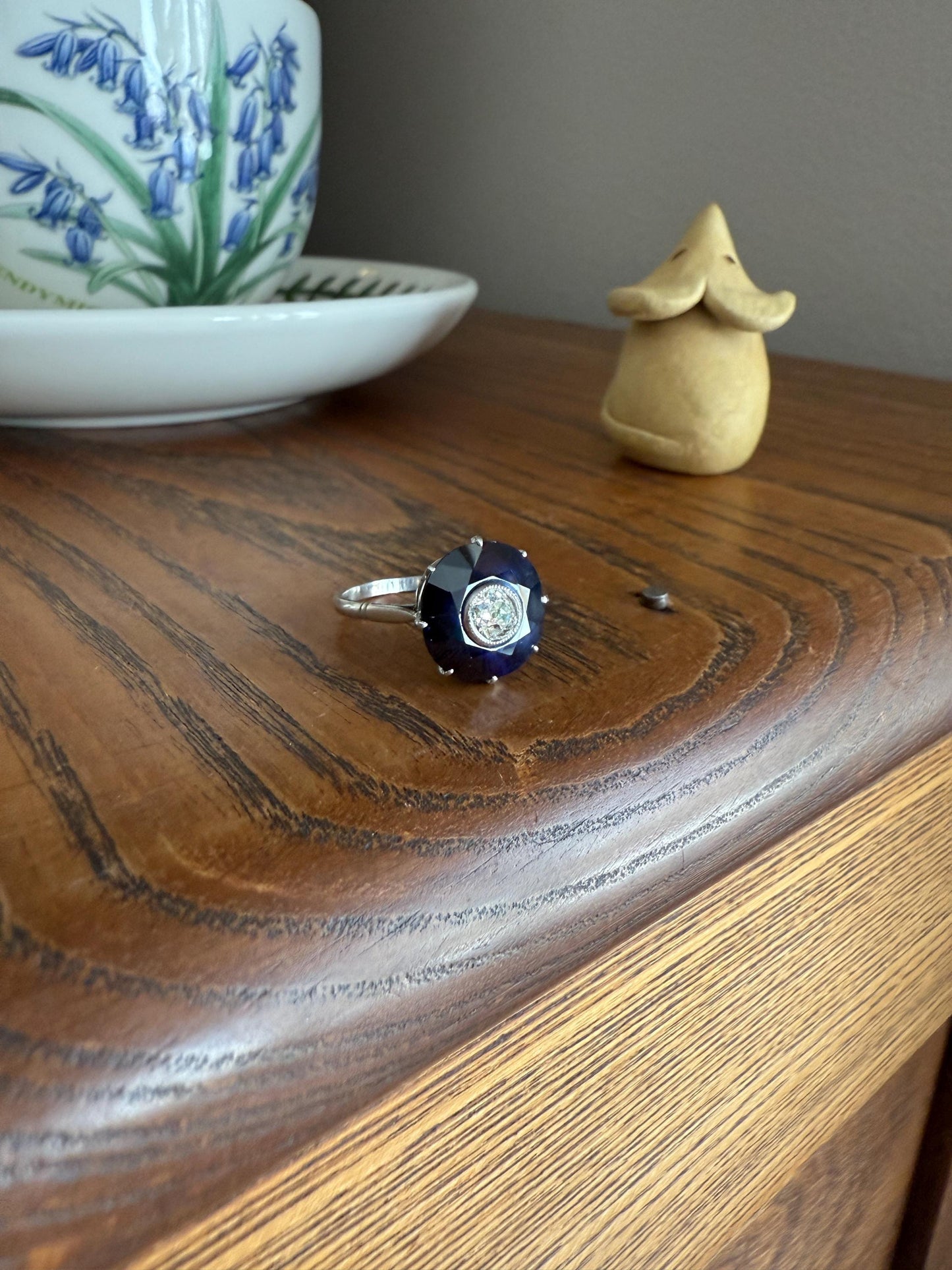 ANTIQUE Old Mine Cut Diamond & Tall Blue Sapphire Faceted HALO Ring French Platinum Edwardian Belle Epoque Stacker Bullseye Target Stacker