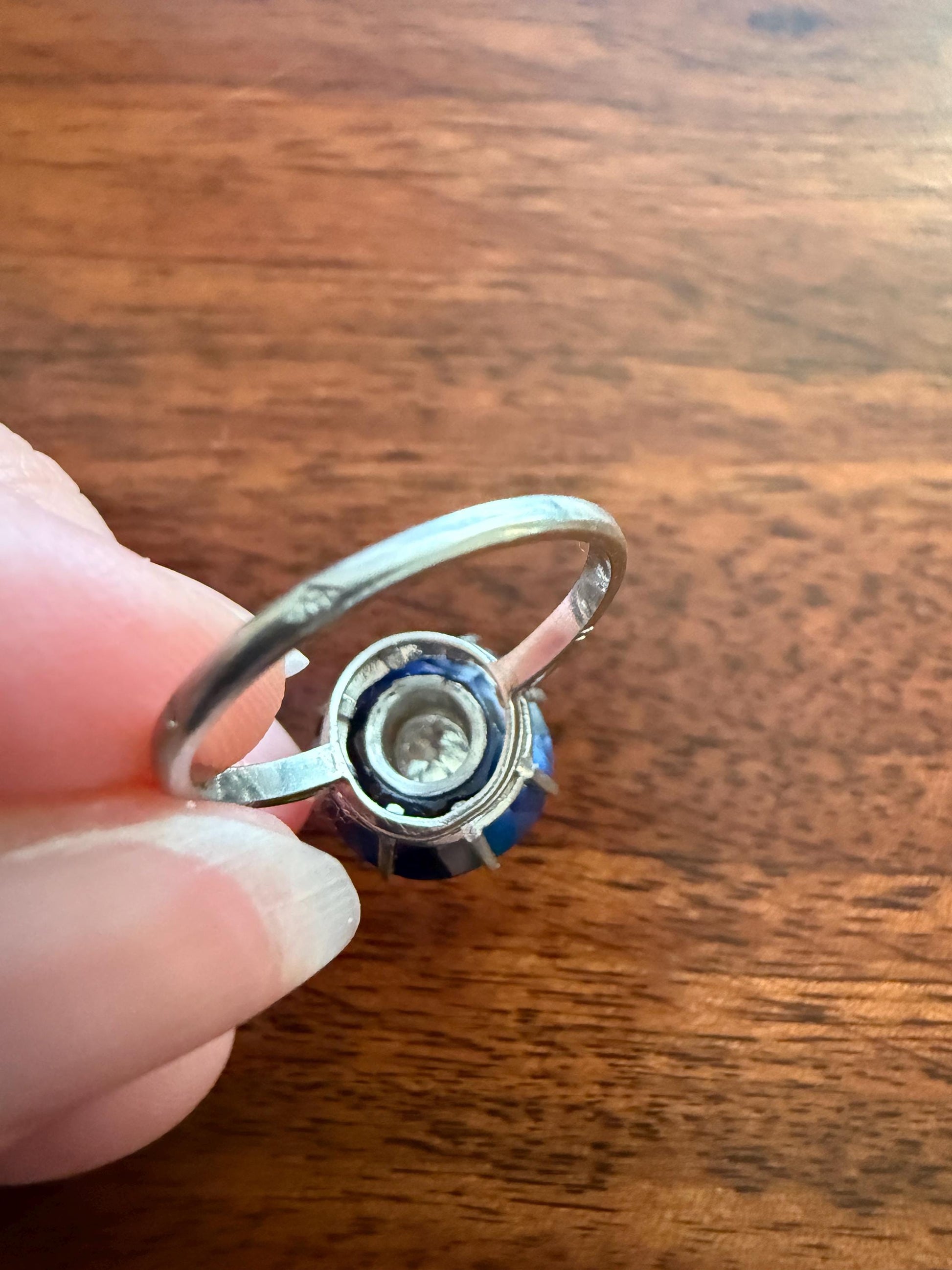 ANTIQUE Old Mine Cut Diamond & Tall Blue Sapphire Faceted HALO Ring French Platinum Edwardian Belle Epoque Stacker Bullseye Target Stacker