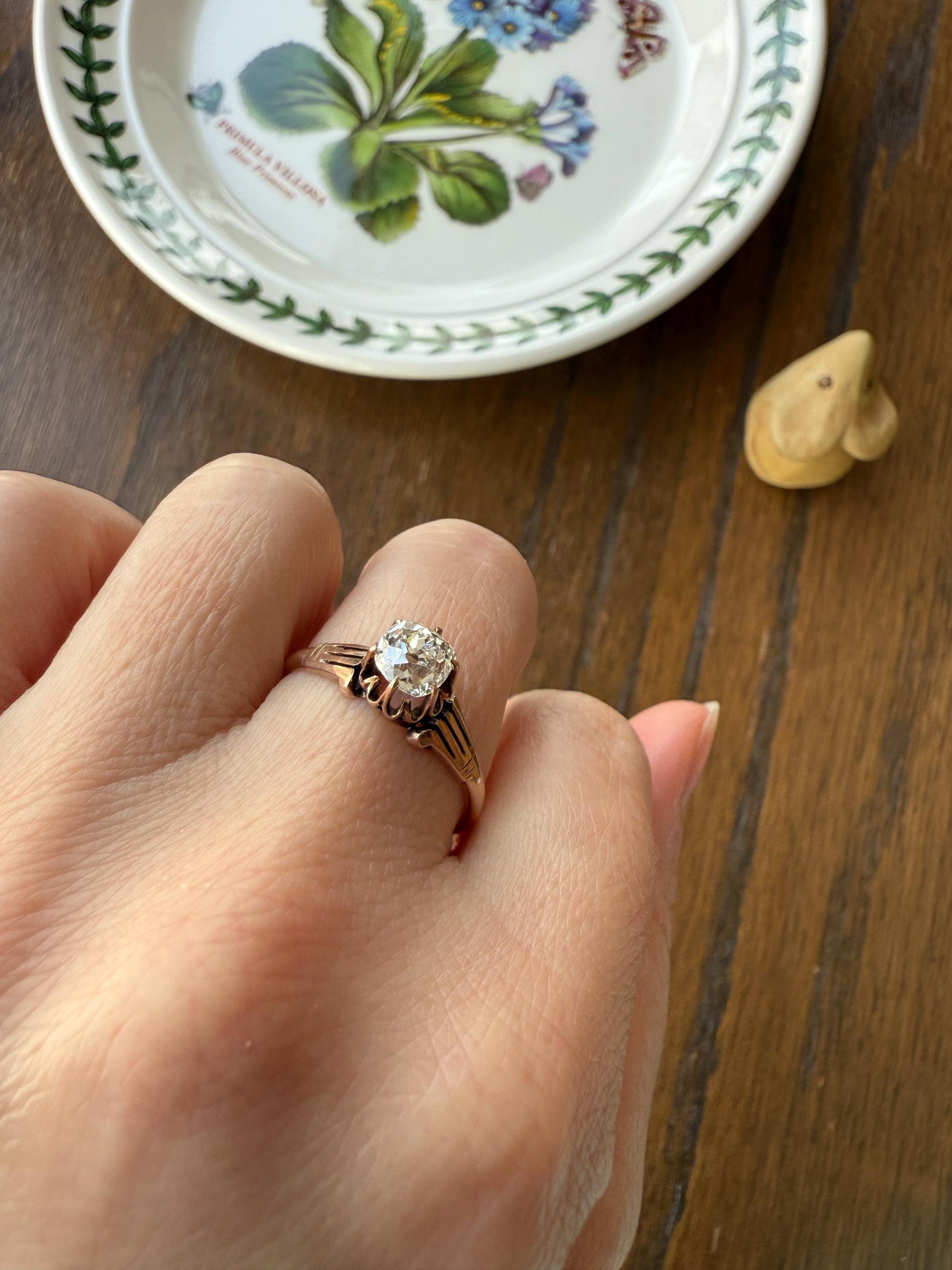 Tall Ornate French Victorian Antique One Carat Old Mine Cut DIAMOND Solitaire Engagement Ring 10k Rose Gold Scrolled Tulip Shoulders Stacker