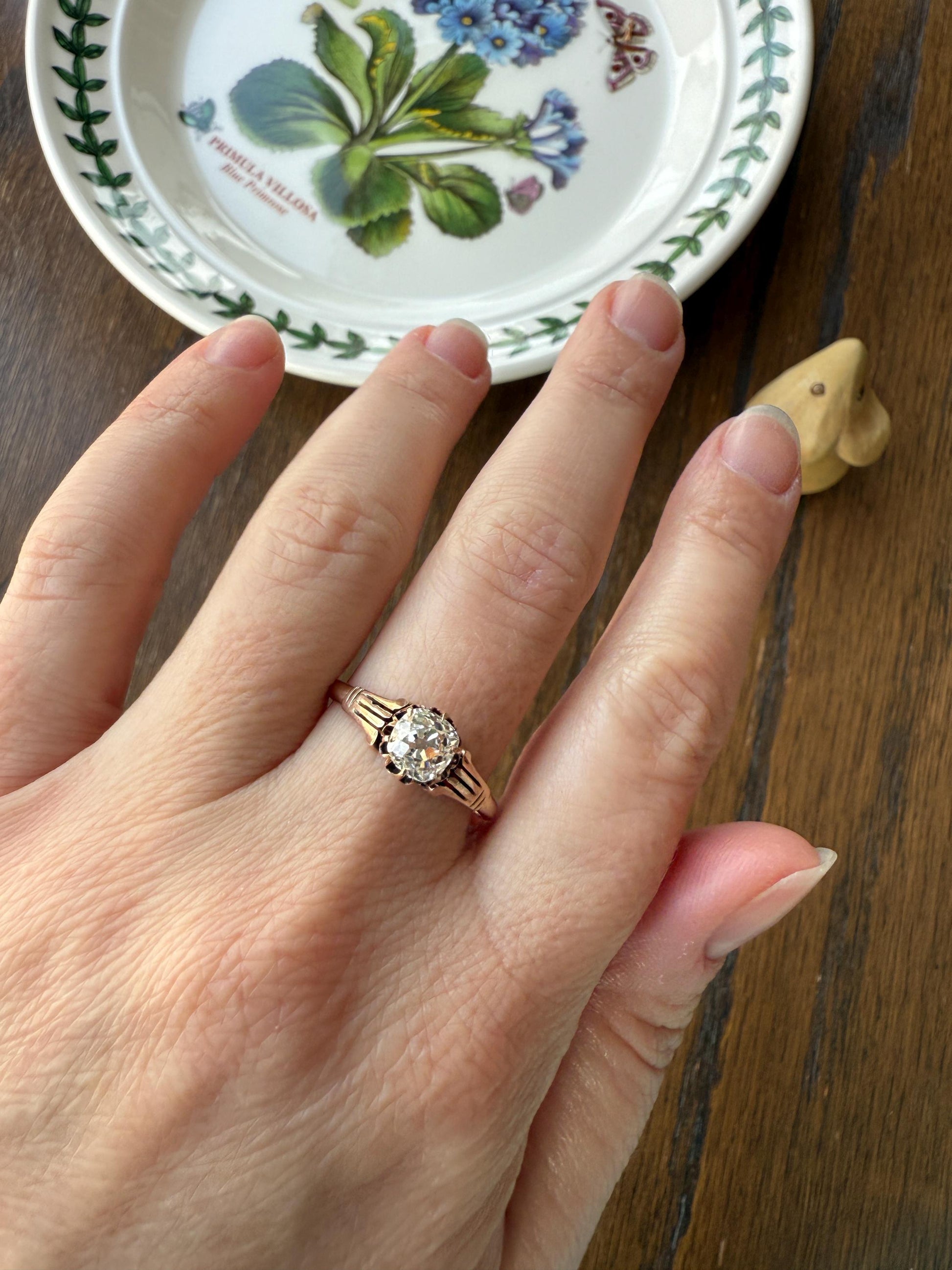 Tall Ornate French Victorian Antique One Carat Old Mine Cut DIAMOND Solitaire Engagement Ring 10k Rose Gold Scrolled Tulip Shoulders Stacker