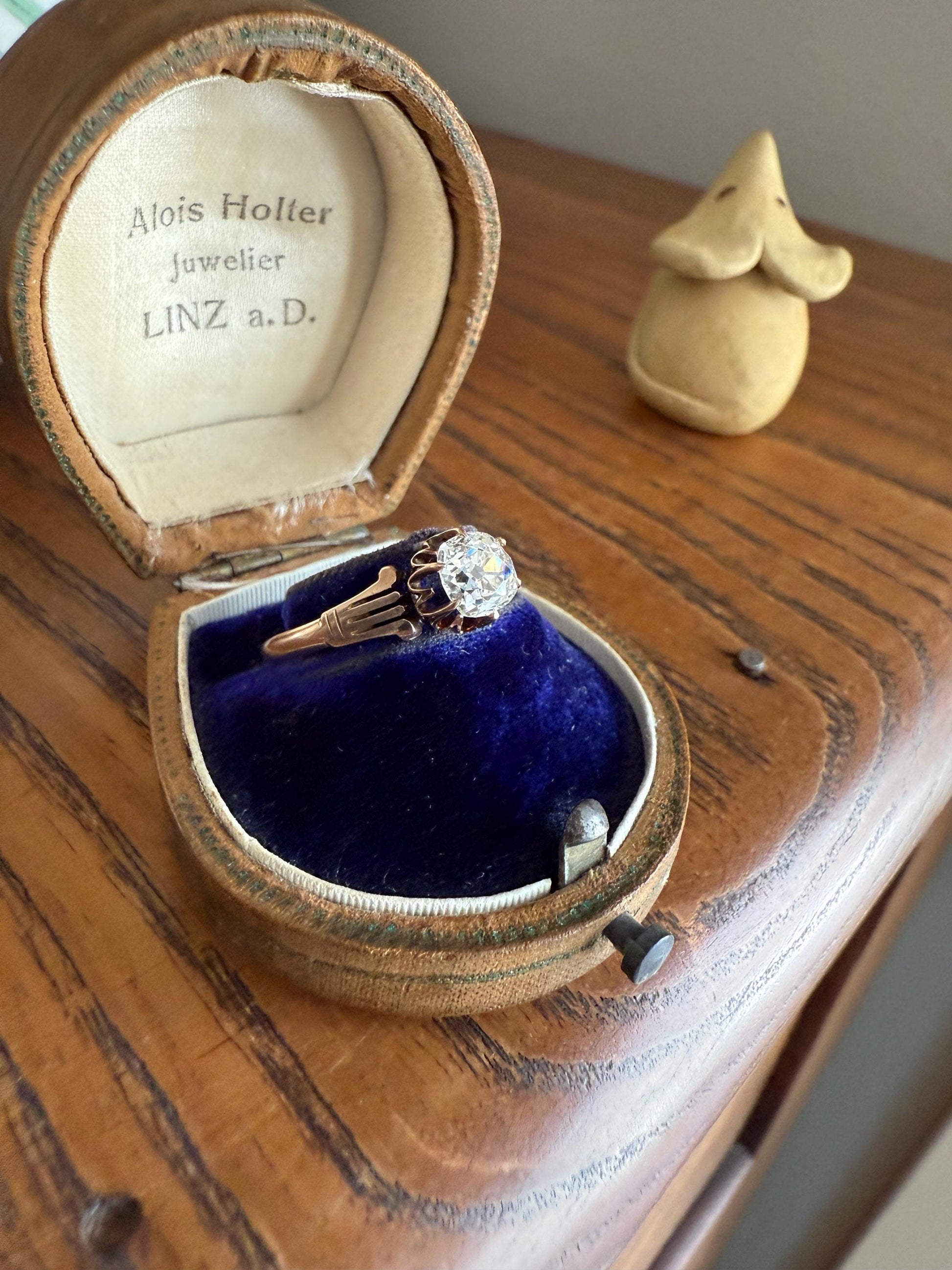 Tall Ornate French Victorian Antique One Carat Old Mine Cut DIAMOND Solitaire Engagement Ring 10k Rose Gold Scrolled Tulip Shoulders Stacker