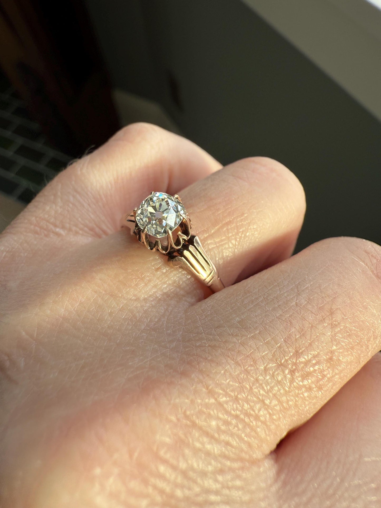 Tall Ornate French Victorian Antique One Carat Old Mine Cut DIAMOND Solitaire Engagement Ring 10k Rose Gold Scrolled Tulip Shoulders Stacker