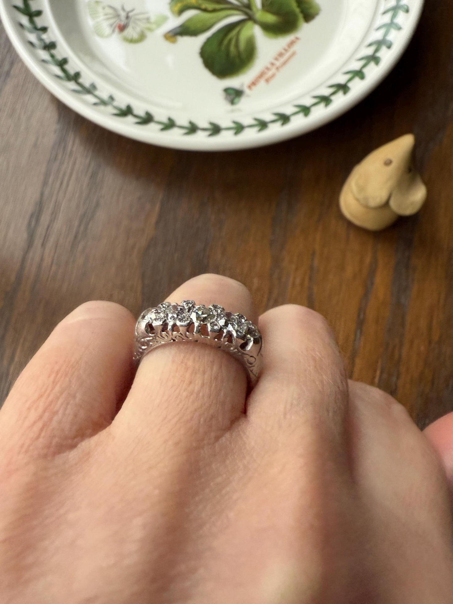 Antique One Carat Old Mine Cut DIAMOND 5 Five Stone Band Ring Platinum Rose Cut Spacers Gemset Prongs Scrolled French Edwardian