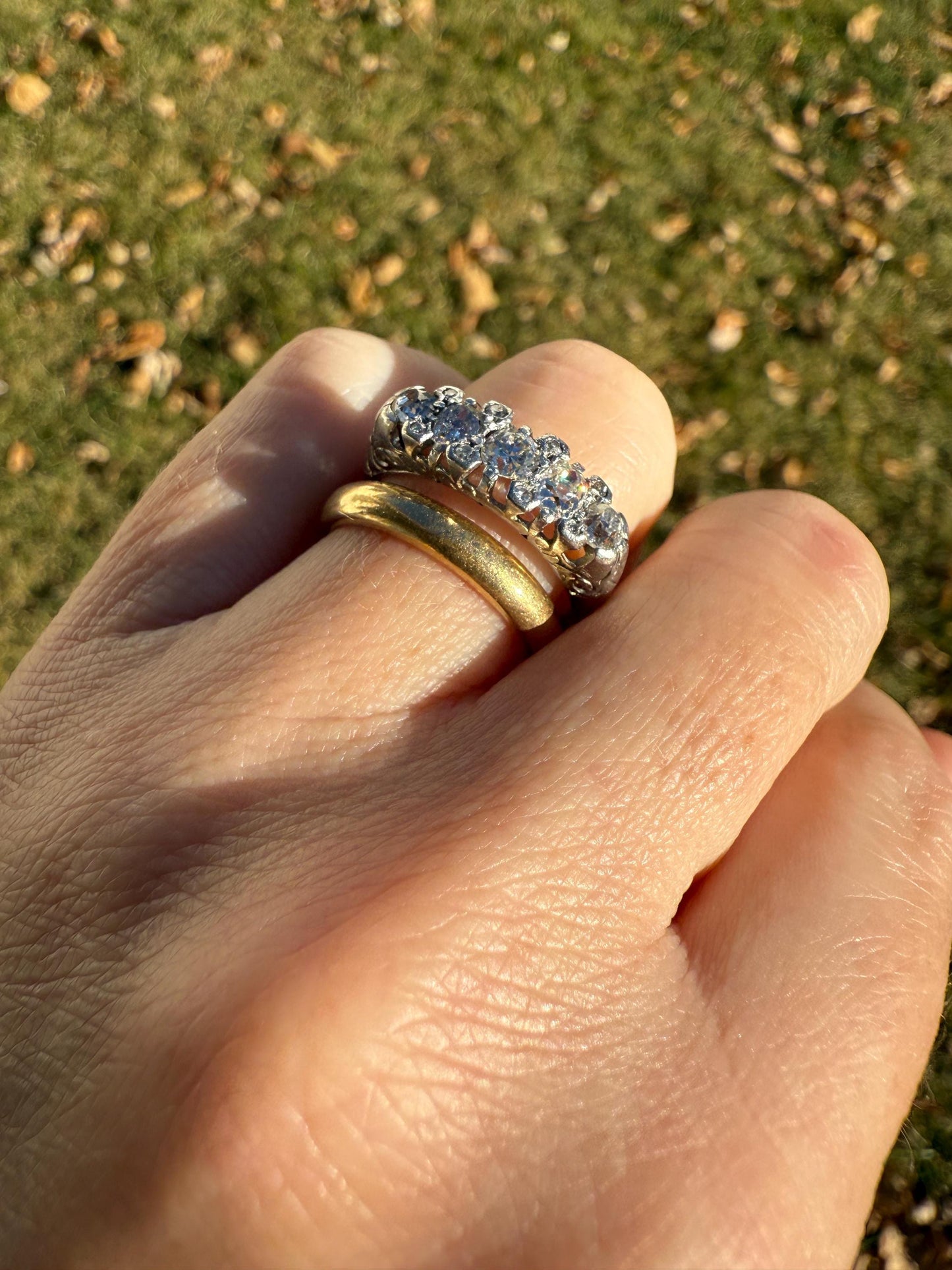 Antique One Carat Old Mine Cut DIAMOND 5 Five Stone Band Ring Platinum Rose Cut Spacers Gemset Prongs Scrolled French Edwardian