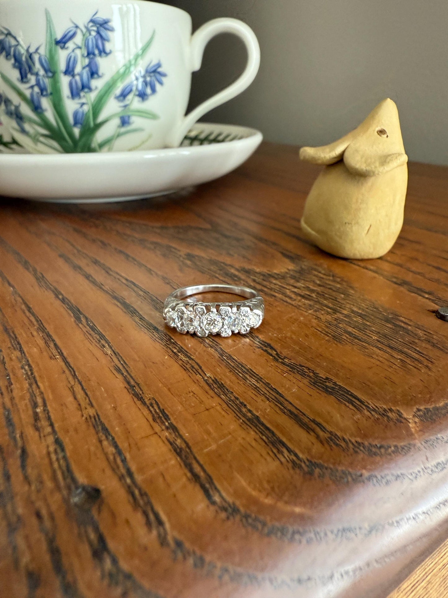 Antique One Carat Old Mine Cut DIAMOND 5 Five Stone Band Ring Platinum Rose Cut Spacers Gemset Prongs Scrolled French Edwardian