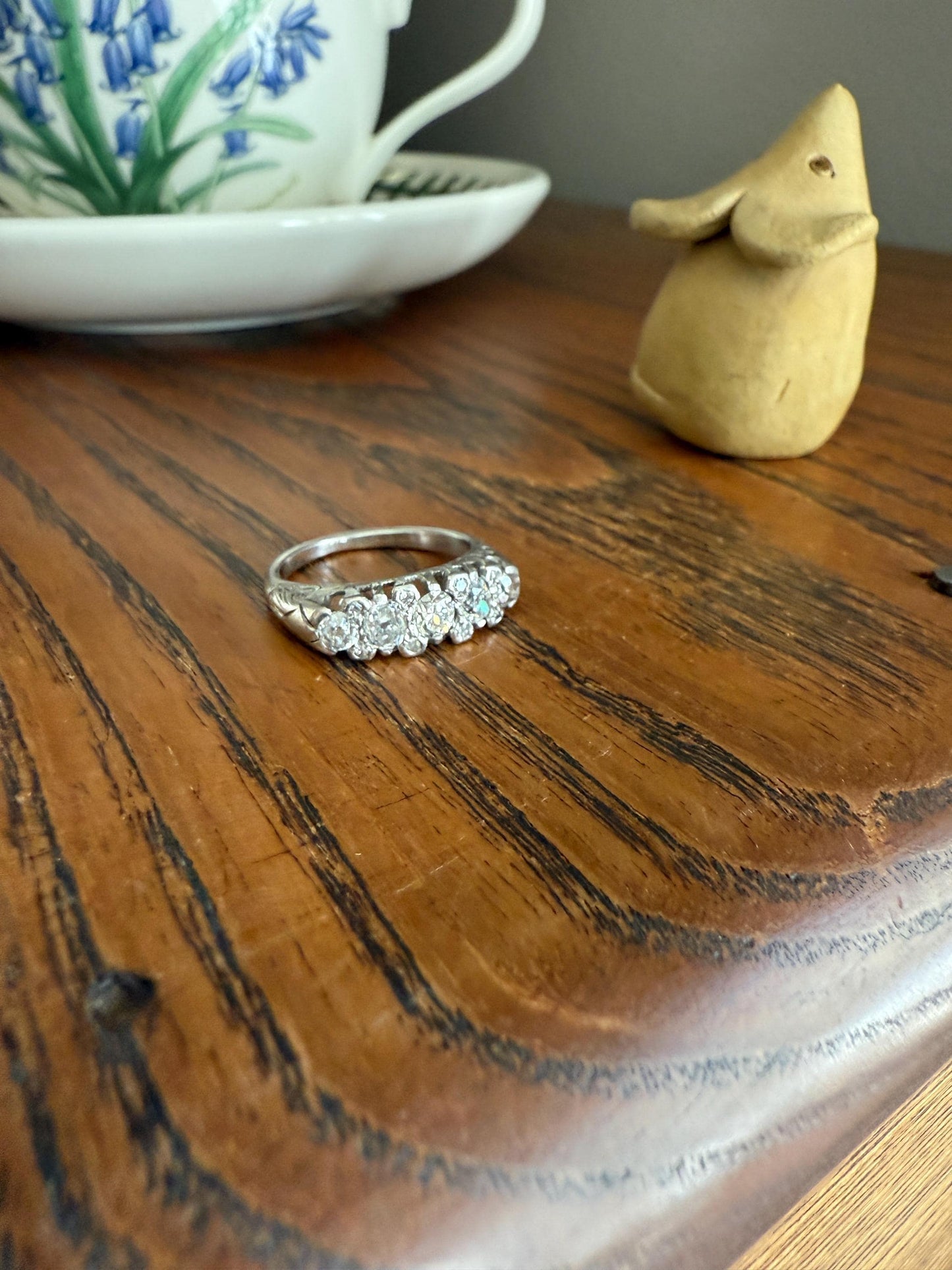 Antique One Carat Old Mine Cut DIAMOND 5 Five Stone Band Ring Platinum Rose Cut Spacers Gemset Prongs Scrolled French Edwardian