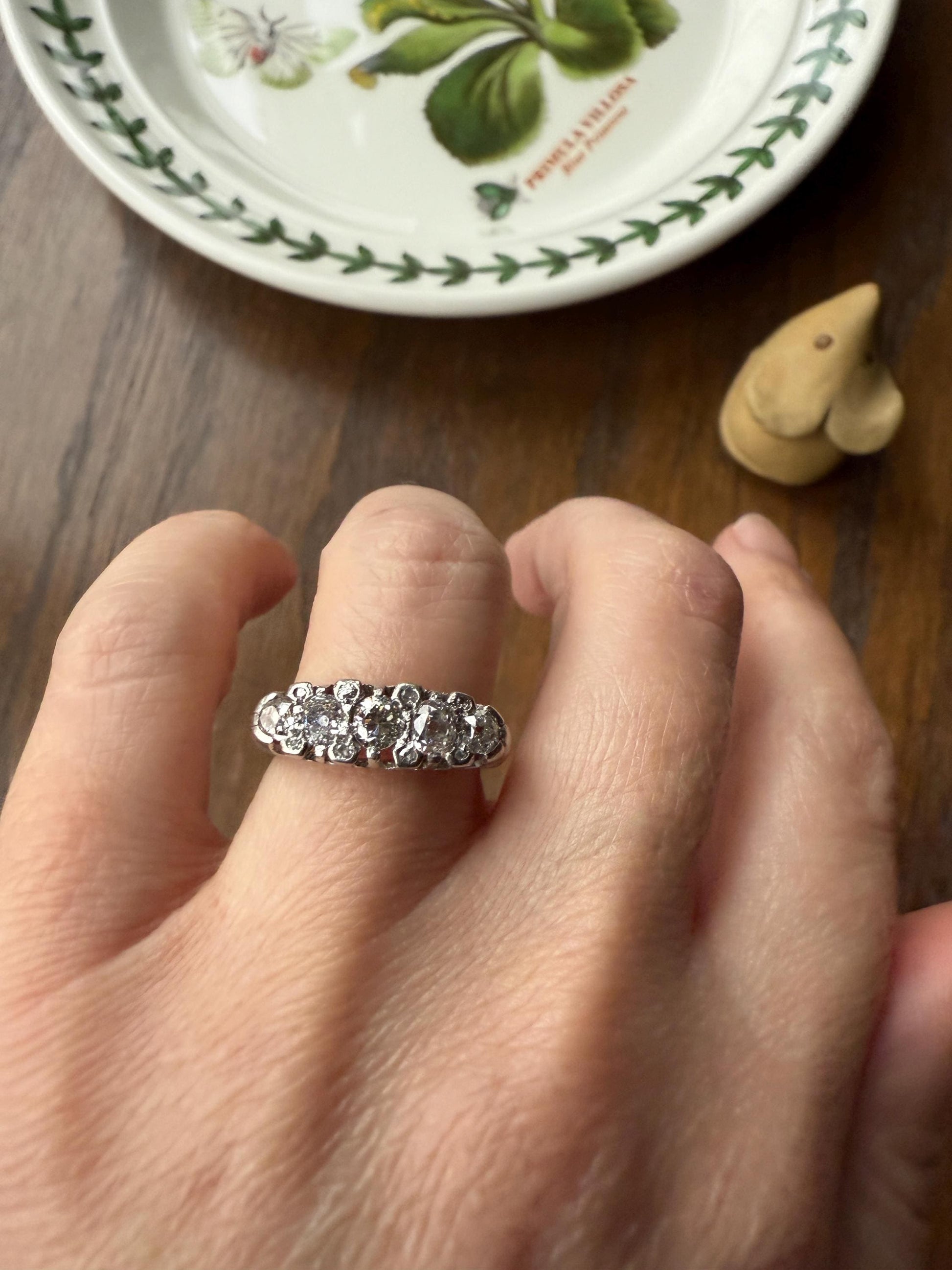 Antique One Carat Old Mine Cut DIAMOND 5 Five Stone Band Ring Platinum Rose Cut Spacers Gemset Prongs Scrolled French Edwardian