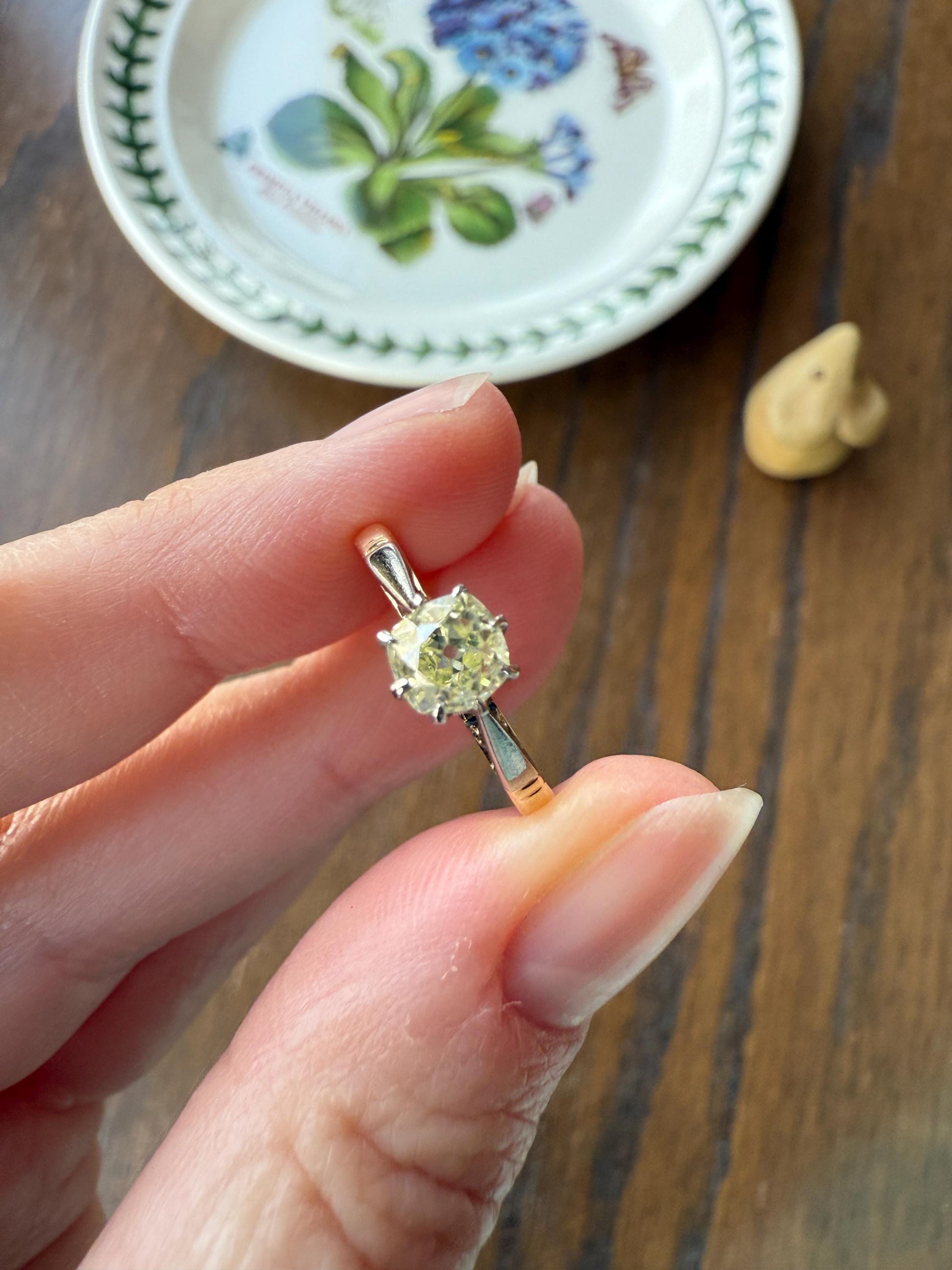 Delicious Fancy Light Greenish Yellow Antique Chunky .67 Carat Old Mine Cut Diamond Solitaire Engagement Ring 18k Gold Platinum Edwardian