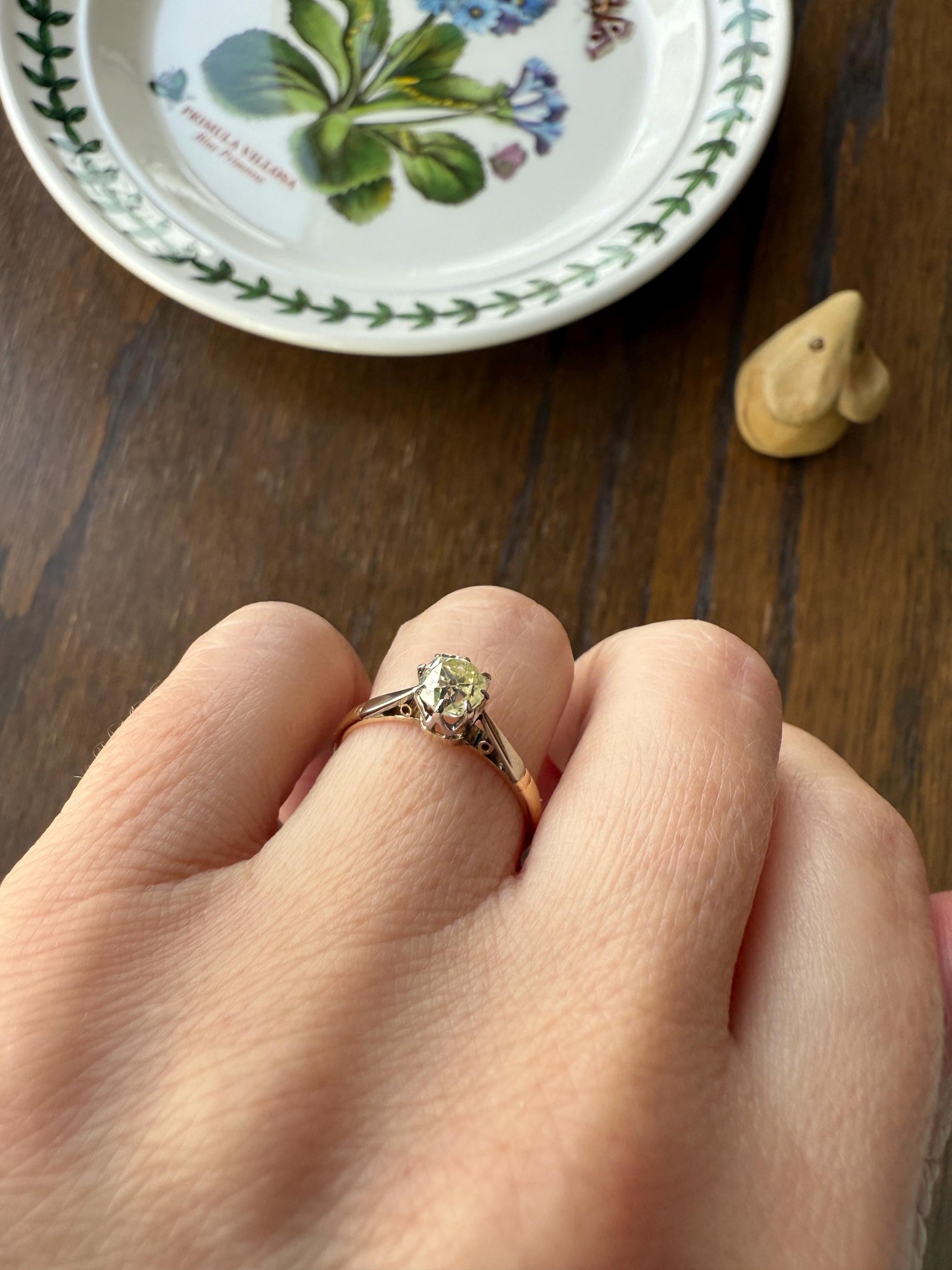 Delicious Fancy Light Greenish Yellow Antique Chunky .67 Carat Old Mine Cut Diamond Solitaire Engagement Ring 18k Gold Platinum Edwardian