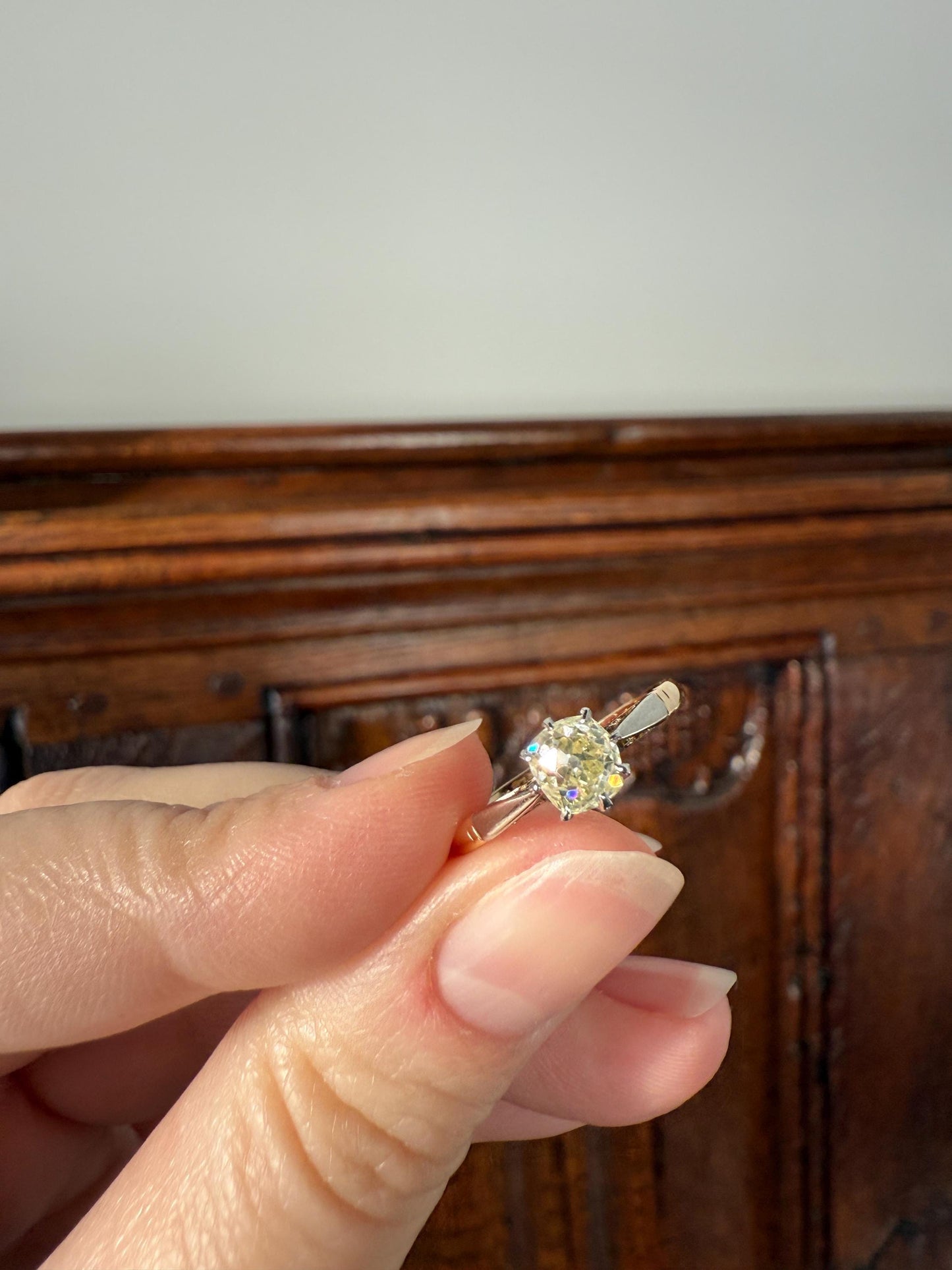 Delicious Fancy Light Greenish Yellow Antique Chunky .67 Carat Old Mine Cut Diamond Solitaire Engagement Ring 18k Gold Platinum Edwardian