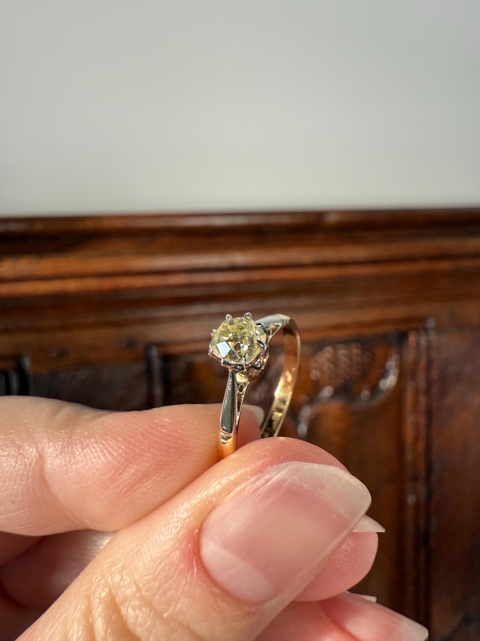 Delicious Fancy Light Greenish Yellow Antique Chunky .67 Carat Old Mine Cut Diamond Solitaire Engagement Ring 18k Gold Platinum Edwardian
