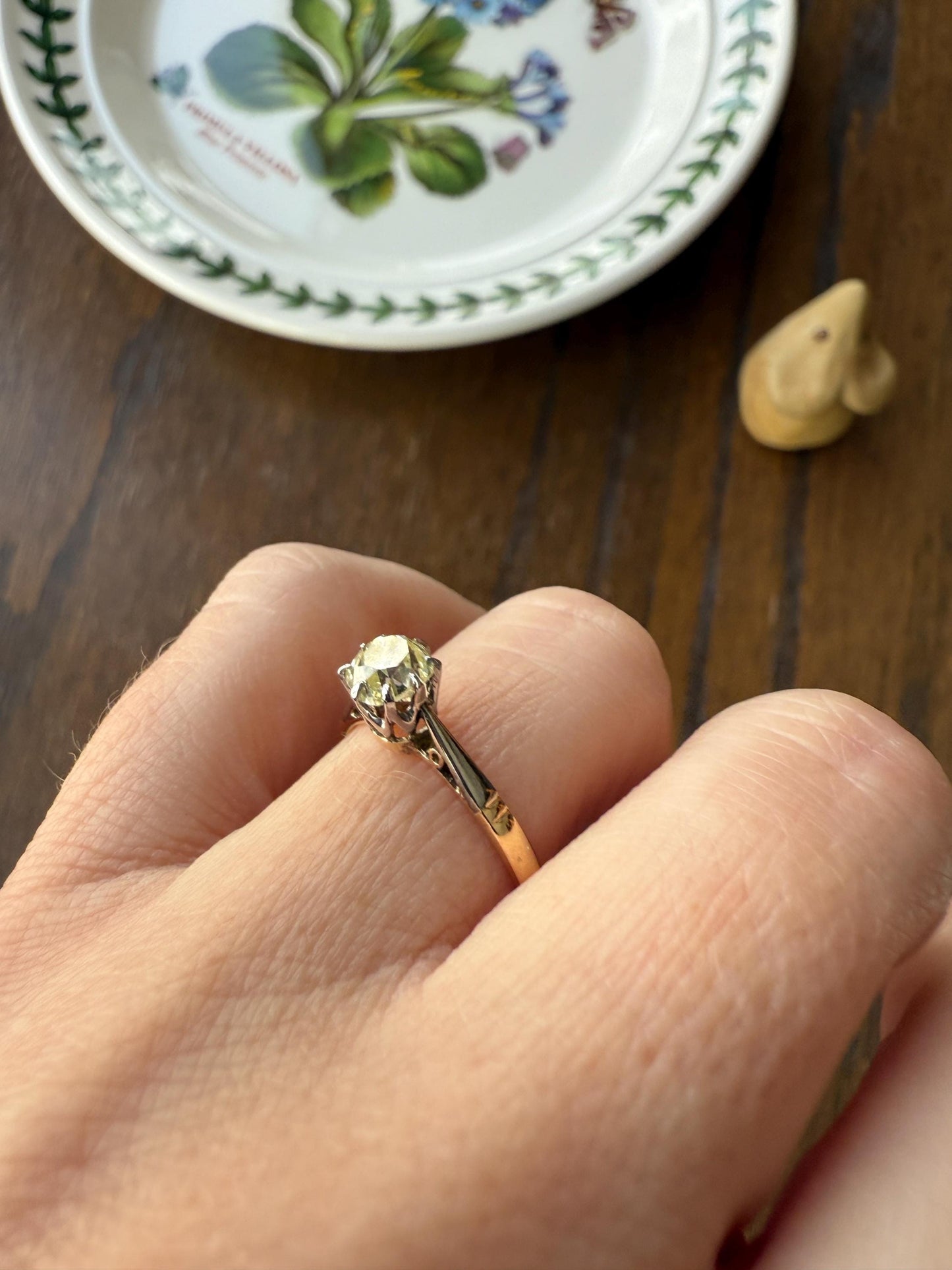 Delicious Fancy Light Greenish Yellow Antique Chunky .67 Carat Old Mine Cut Diamond Solitaire Engagement Ring 18k Gold Platinum Edwardian