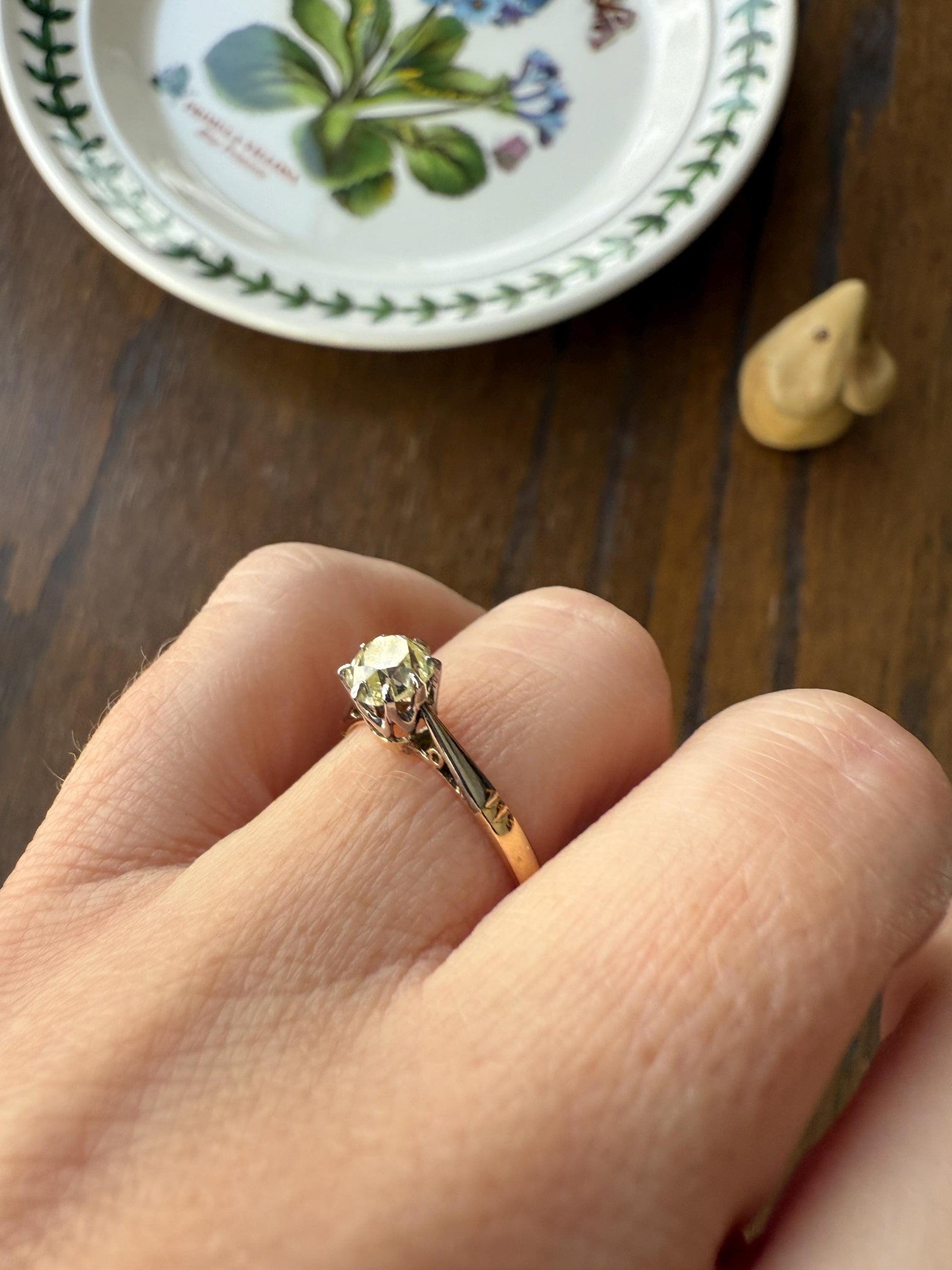 Delicious Fancy Light Greenish Yellow Antique Chunky .67 Carat Old Mine Cut Diamond Solitaire Engagement Ring 18k Gold Platinum Edwardian