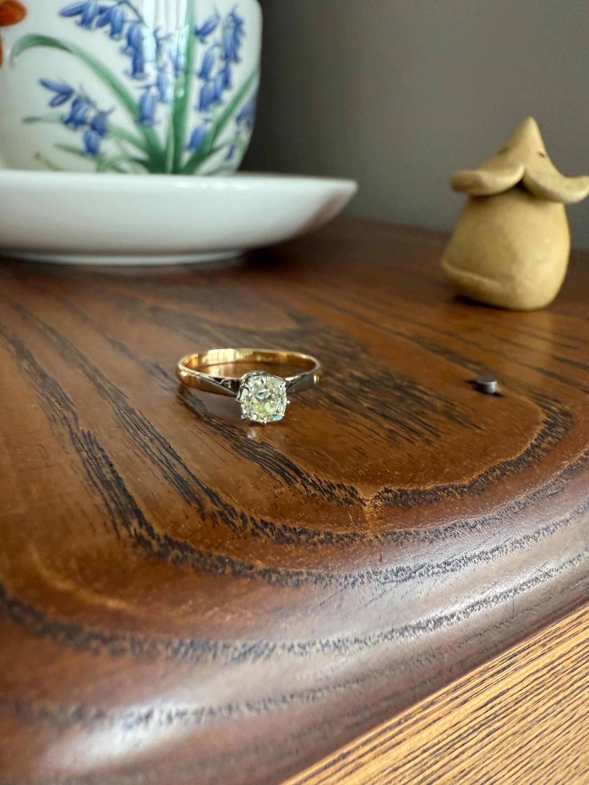 Delicious Fancy Light Greenish Yellow Antique Chunky .67 Carat Old Mine Cut Diamond Solitaire Engagement Ring 18k Gold Platinum Edwardian