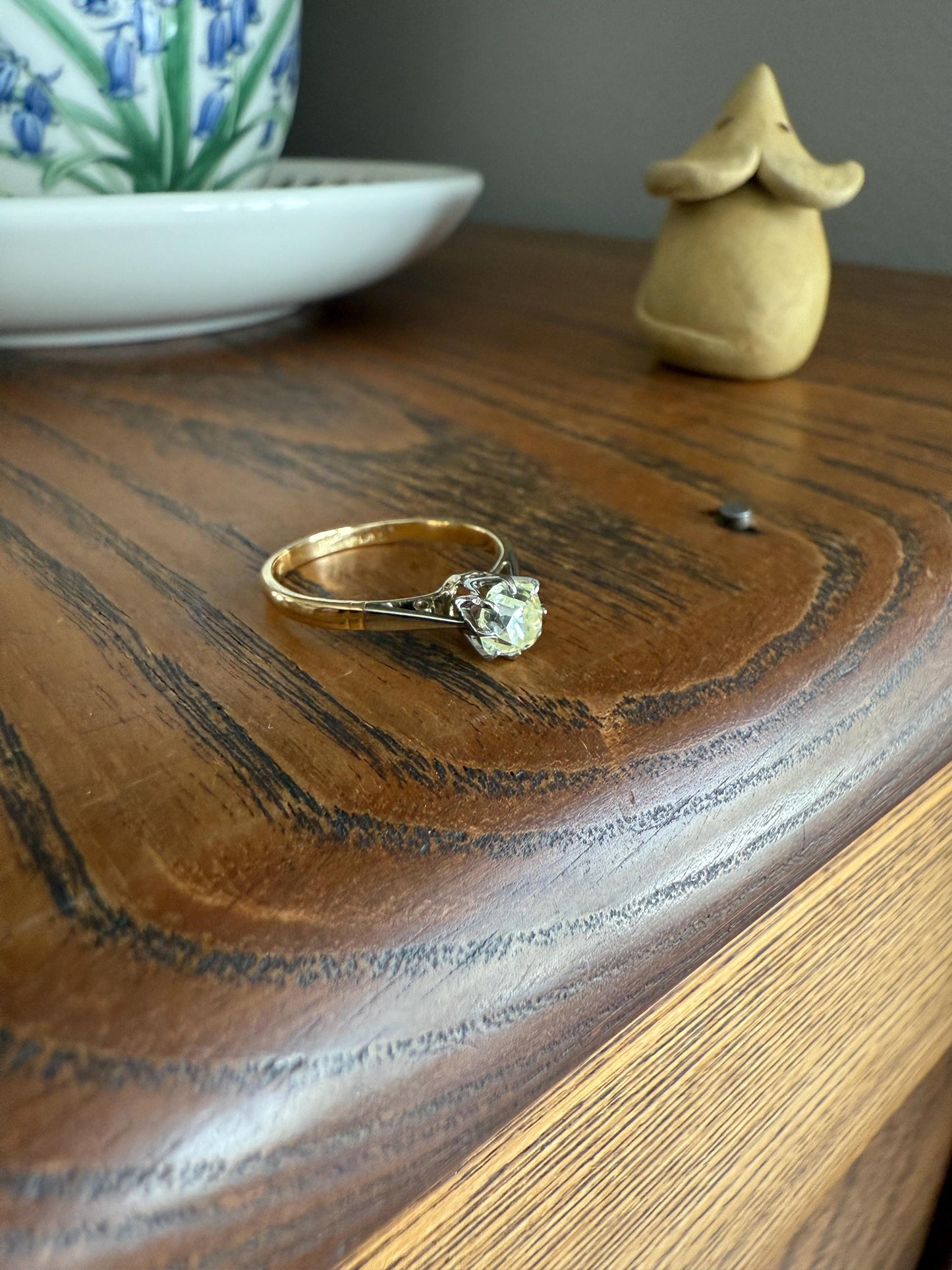 Delicious Fancy Light Greenish Yellow Antique Chunky .67 Carat Old Mine Cut Diamond Solitaire Engagement Ring 18k Gold Platinum Edwardian