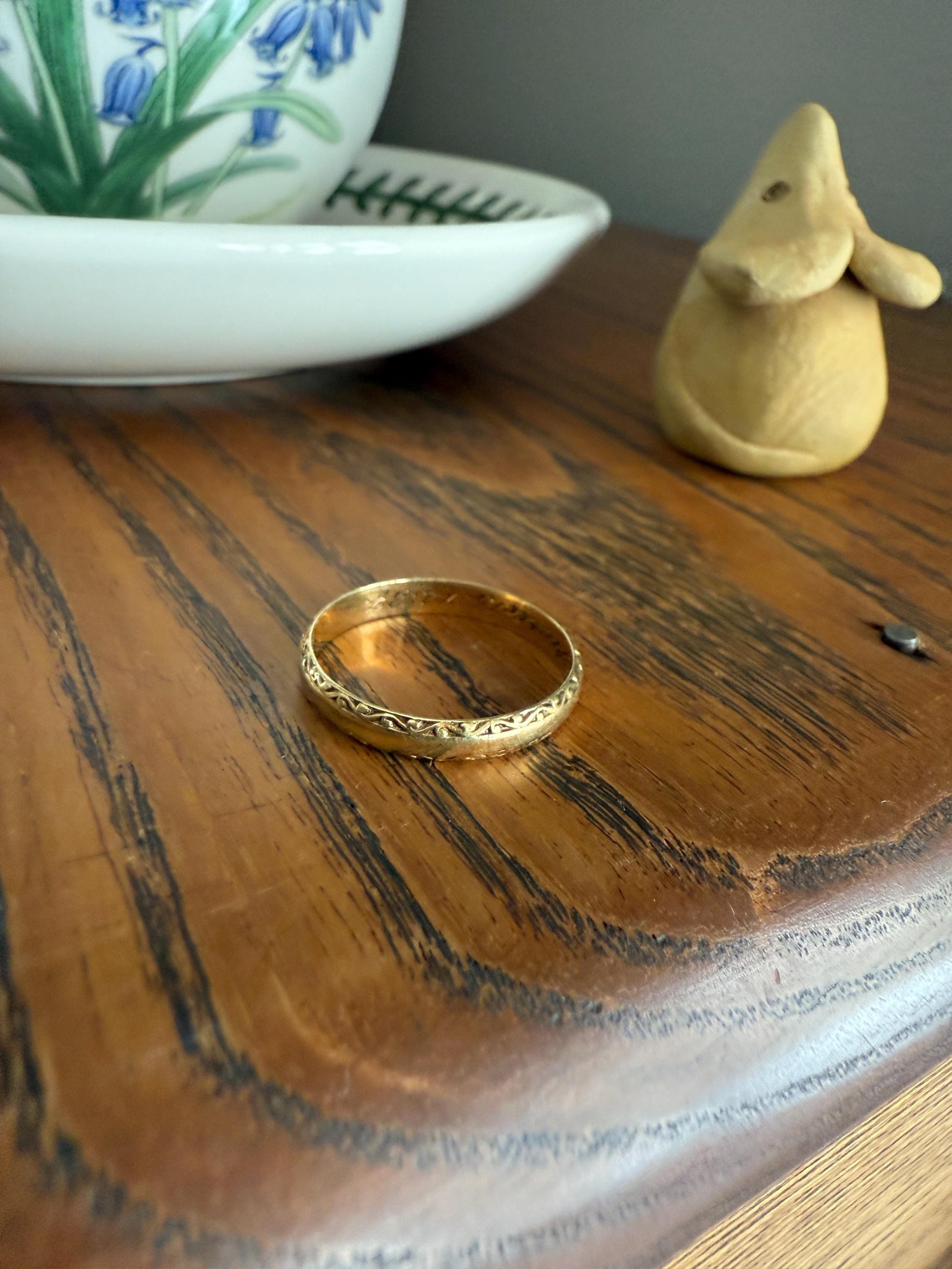 DATED Engraved Vintage Wedding Band Vertical Edge Engraving December 1937 Ornate Swirl Stacker 14k Gold Solid Ring Art Deco